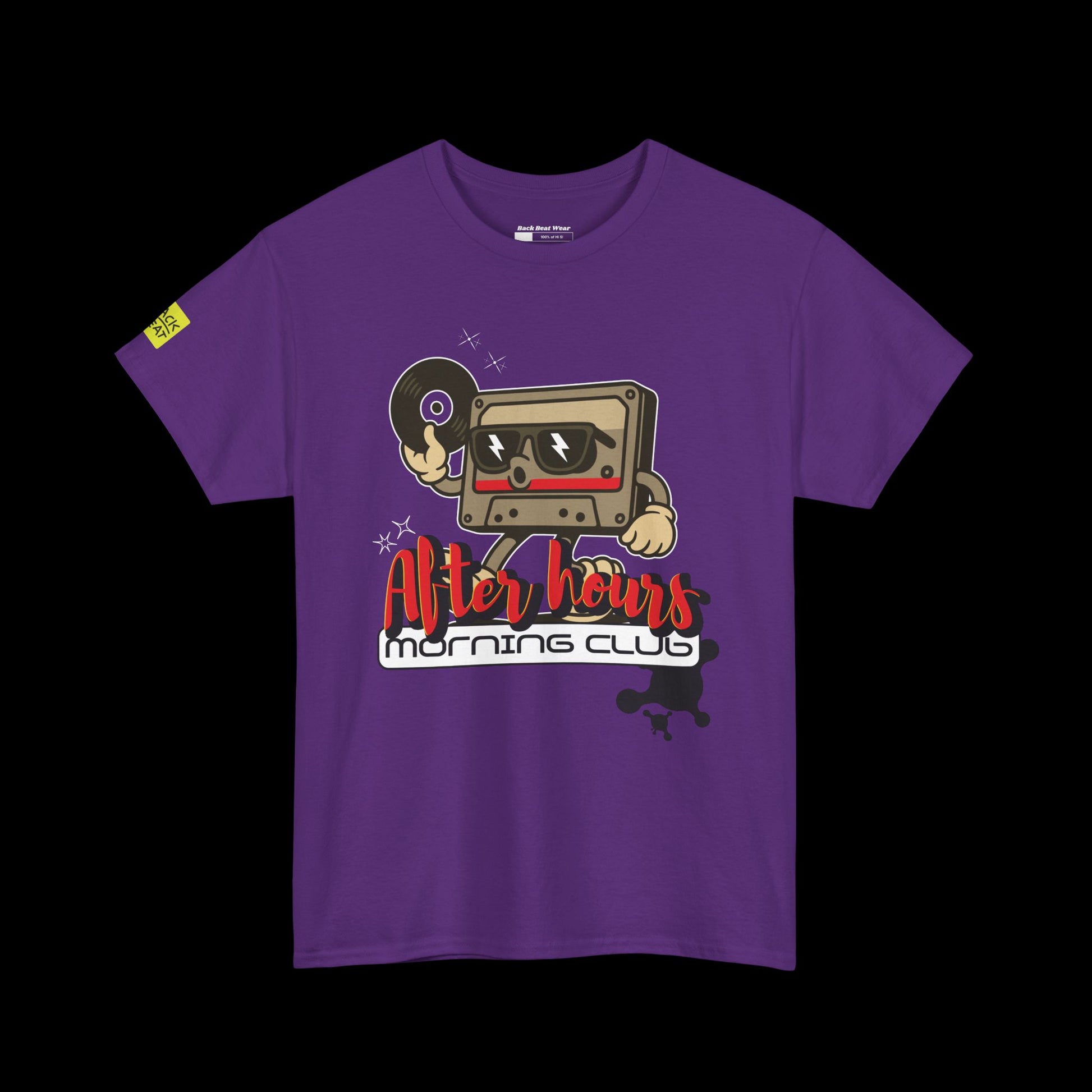 Purple t-shirt with a graphic design of a cassette tape and text on a black background