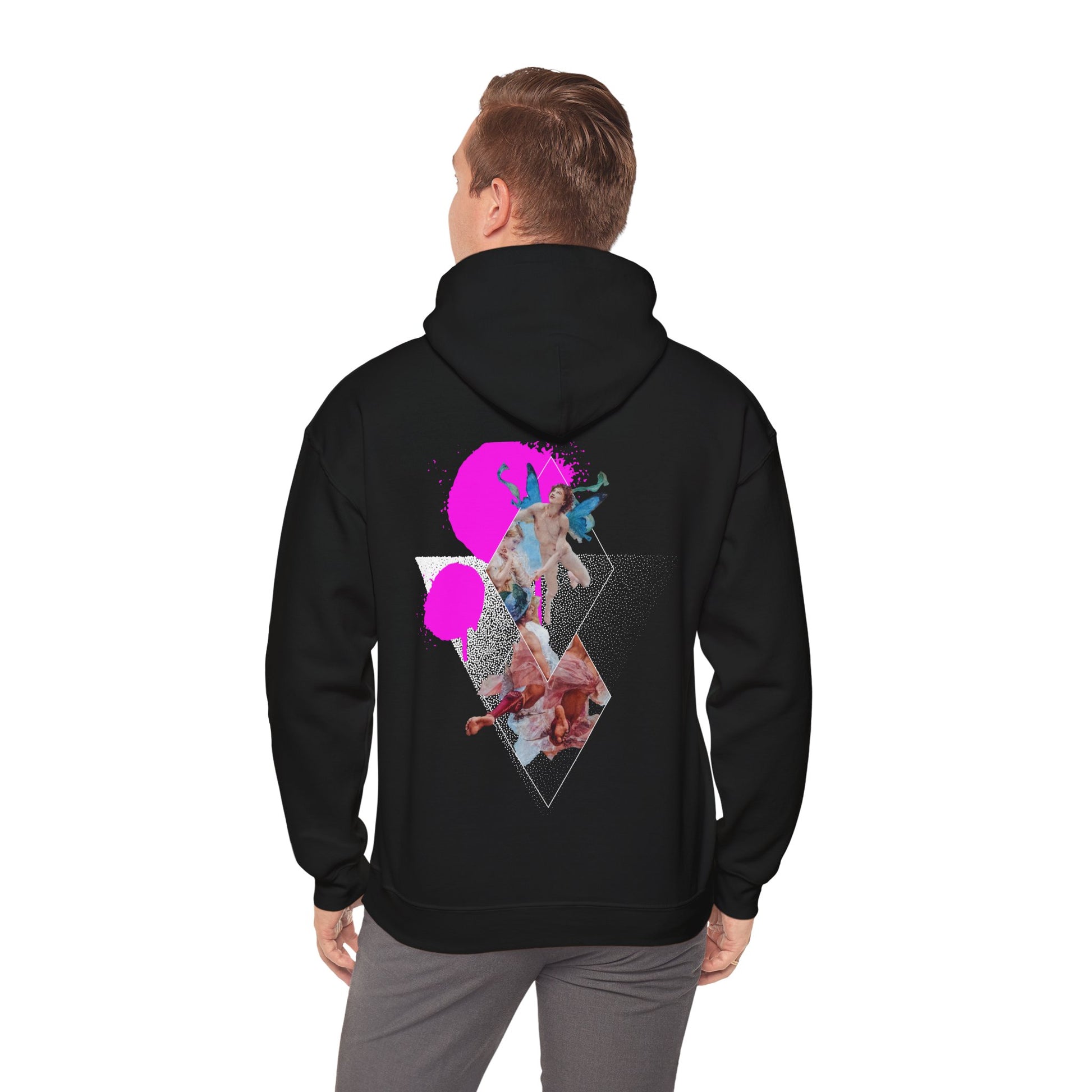 Black Urban Angel Hoodie featuring a renaissance-inspired art collage, geometric shapes, and neon pink accents on a black hoodie for bold streetwear style.