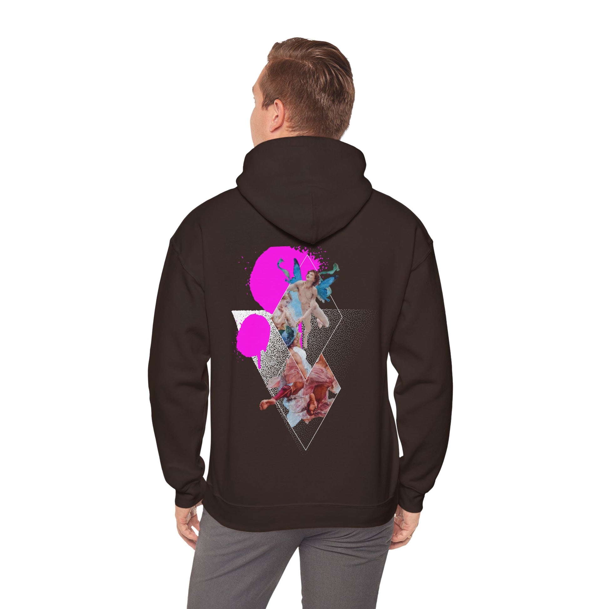 Brown Urban Angel Hoodie featuring a renaissance-inspired art collage, geometric shapes, and neon pink accents on a black hoodie for bold streetwear style.