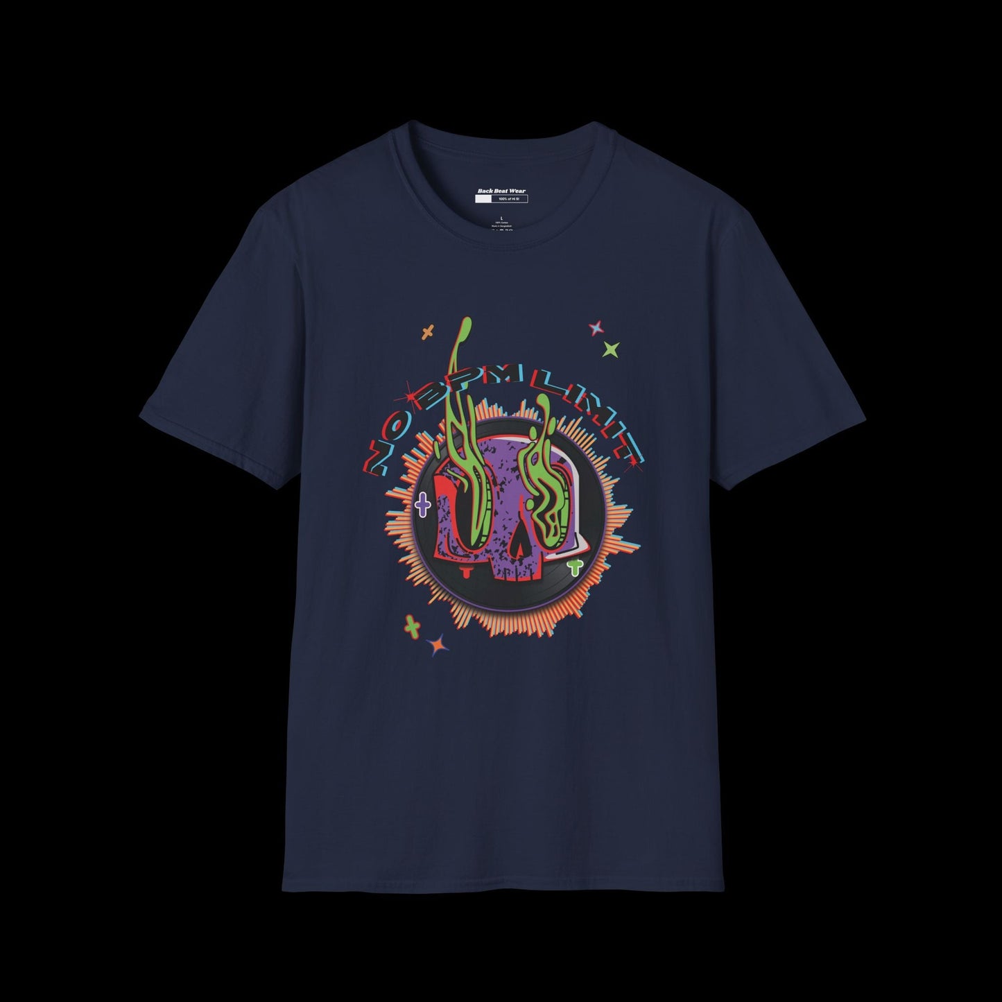 No BPM Limit Vinyl Skull Front Print BackBeat Wear T-Shirt