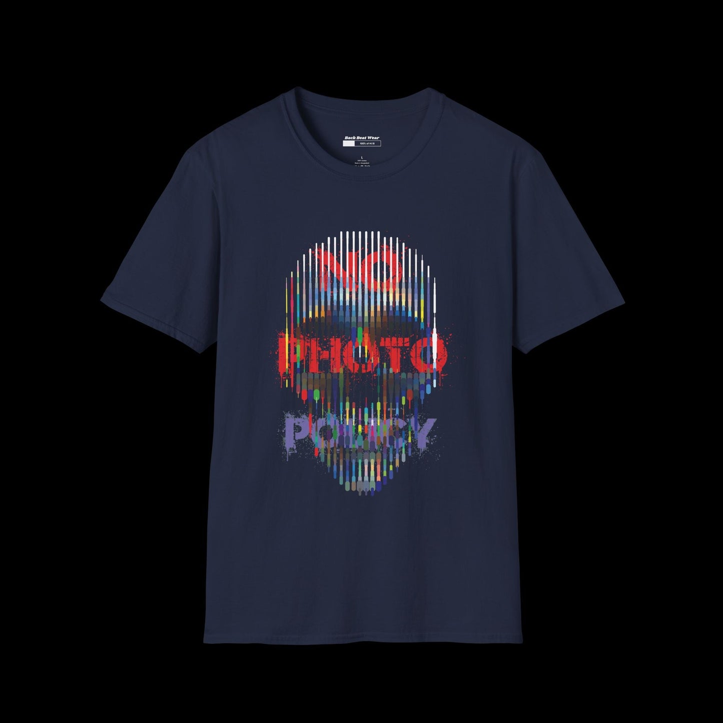 No Photo Policy: Glitch Skull Front Print BackBeat Wear T-Shirt