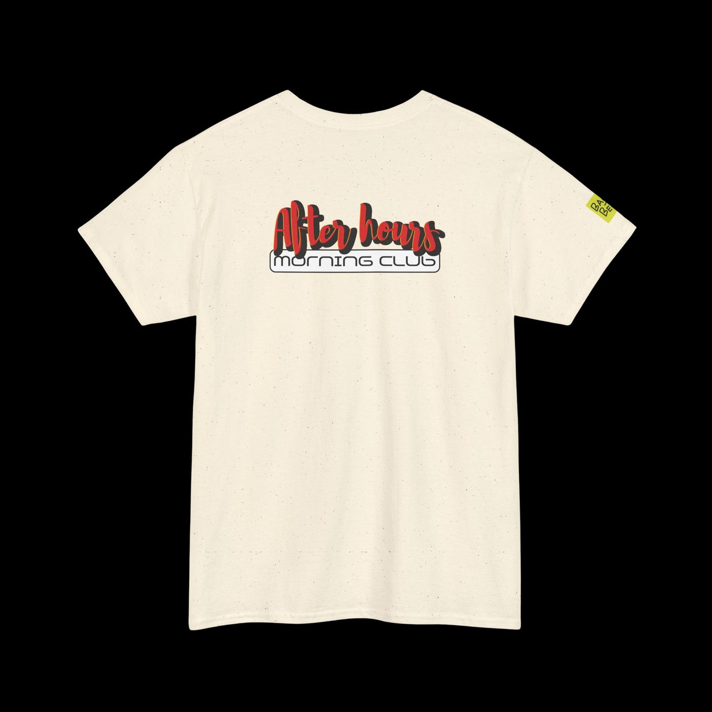 Beige t-shirt with 'After hours morning club' text on a black background