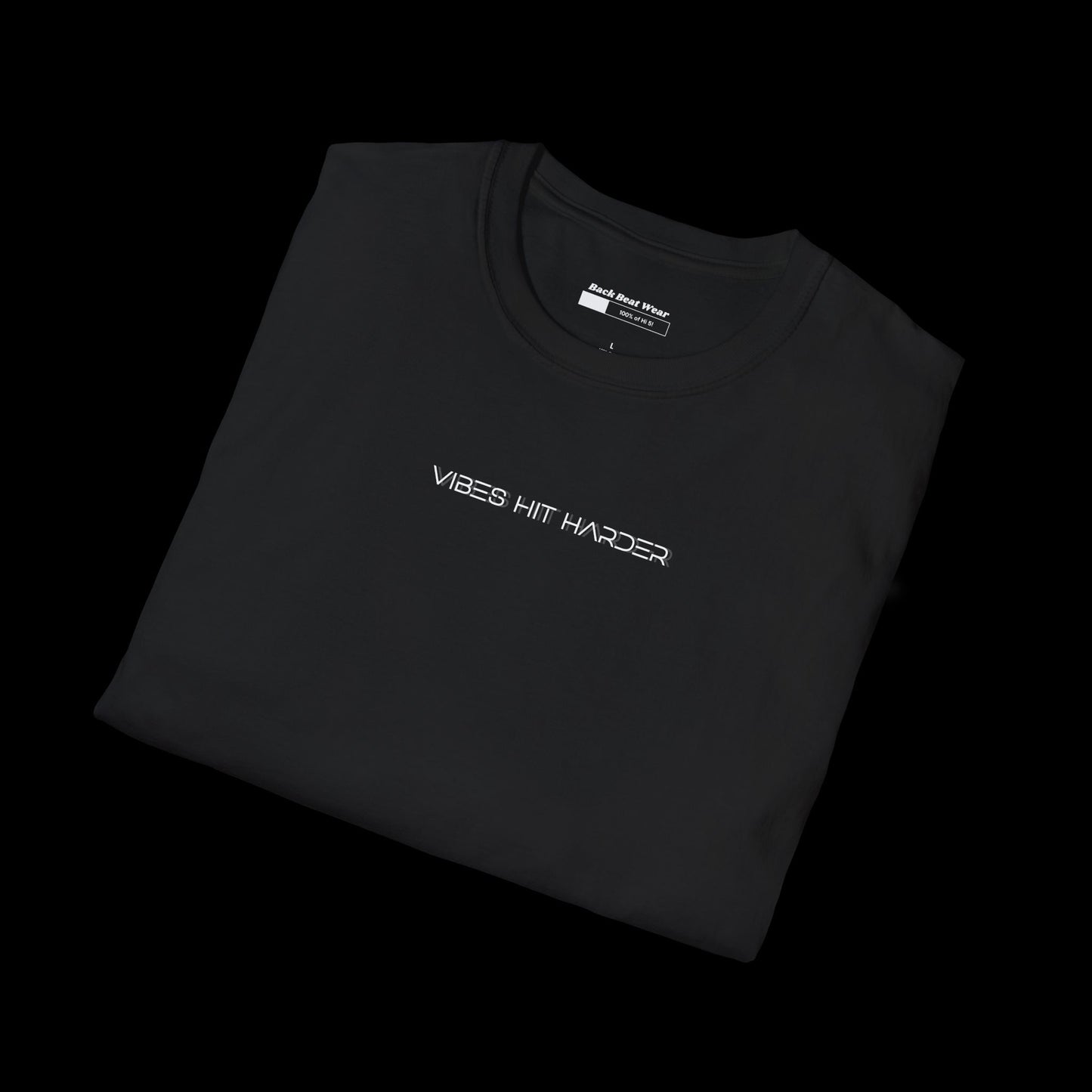 Black t-shirt with glowing abstract elements and “Vibes Hit Harder in the Dark” text in futuristic font. Designed for rave and club wear.