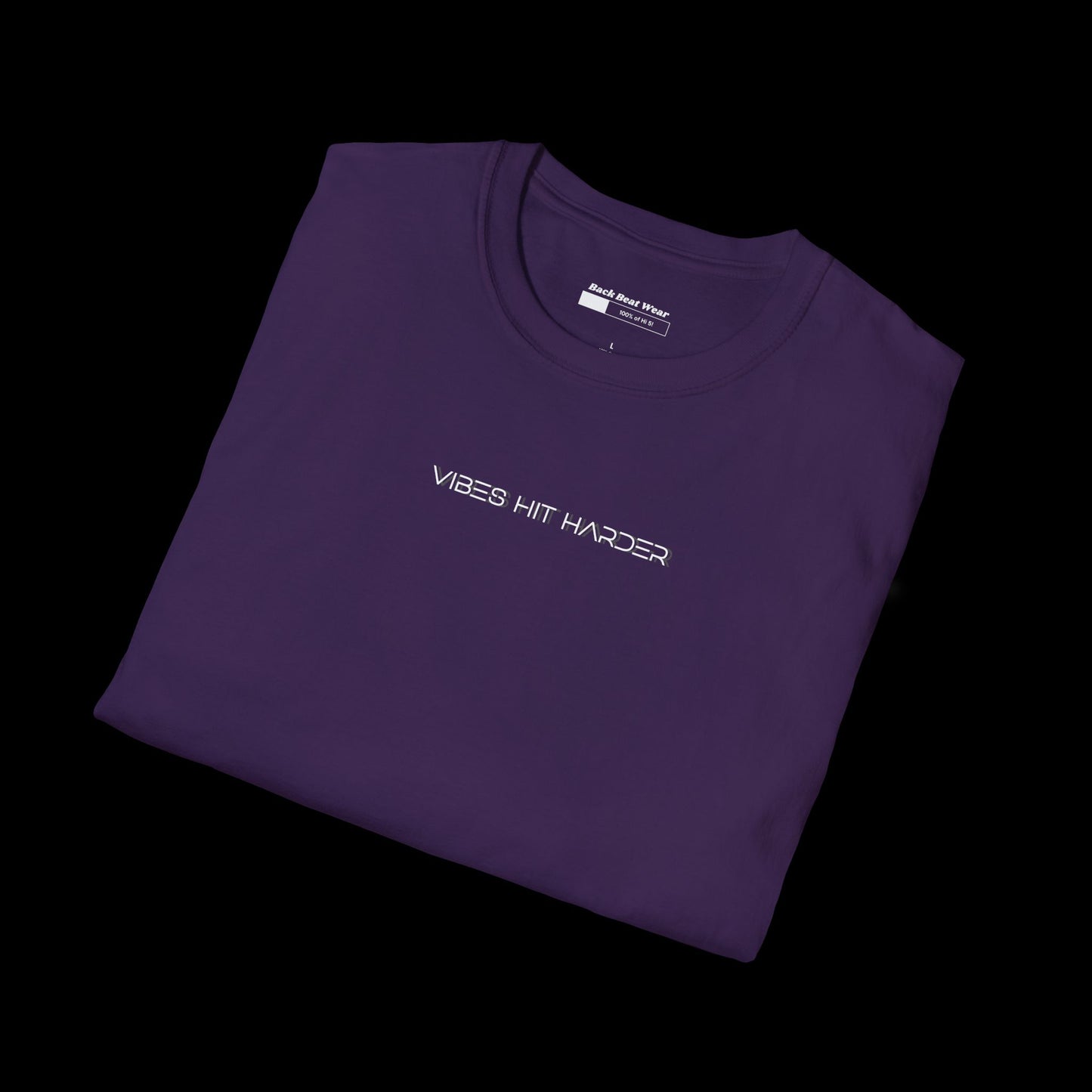 Purple t-shirt with glowing abstract elements and “Vibes Hit Harder in the Dark” text in futuristic font. Designed for rave and club wear.