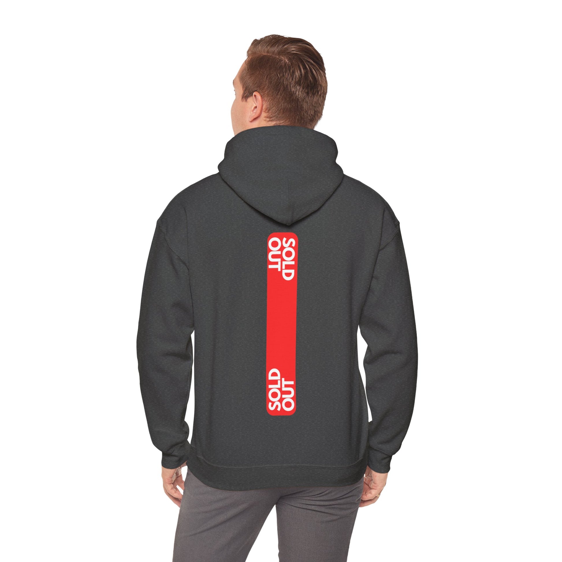 Grey hoodie with bold red 'SOLD OUT' graphic on the back. Minimalist streetwear style for urban fashion enthusiasts
