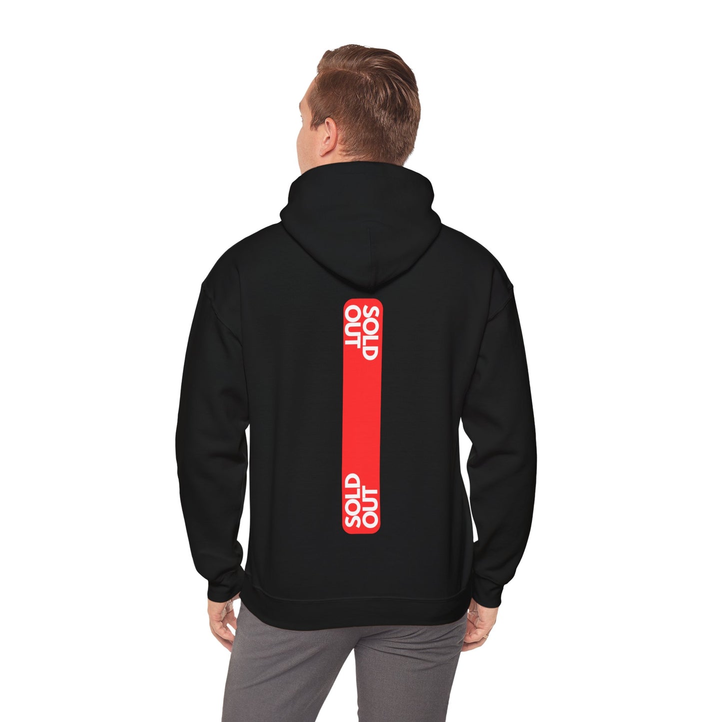 Black hoodie with bold red 'SOLD OUT' graphic on the back. Minimalist streetwear style for urban fashion enthusiasts