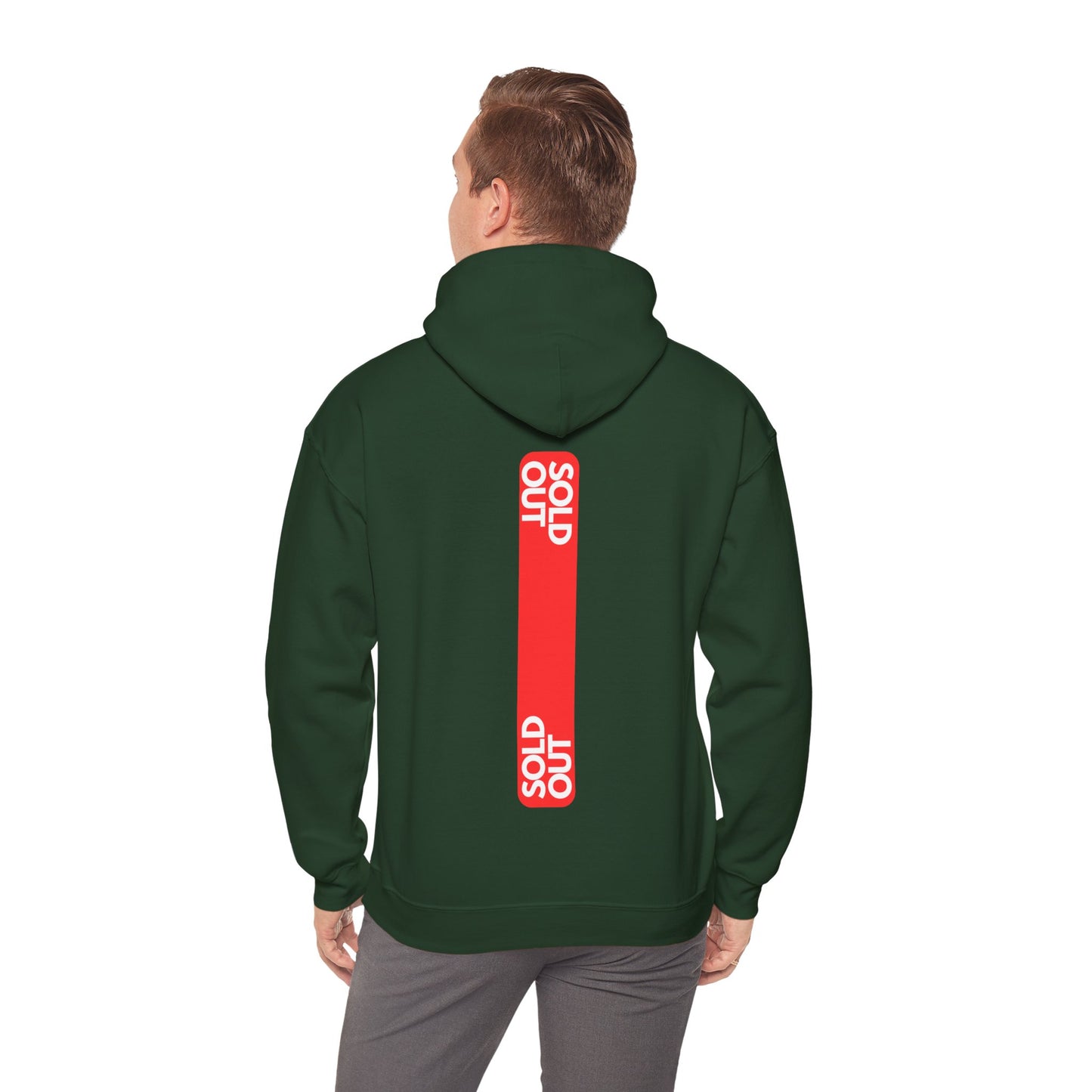 Dark green hoodie with bold red 'SOLD OUT' graphic on the back. Minimalist streetwear style for urban fashion enthusiasts