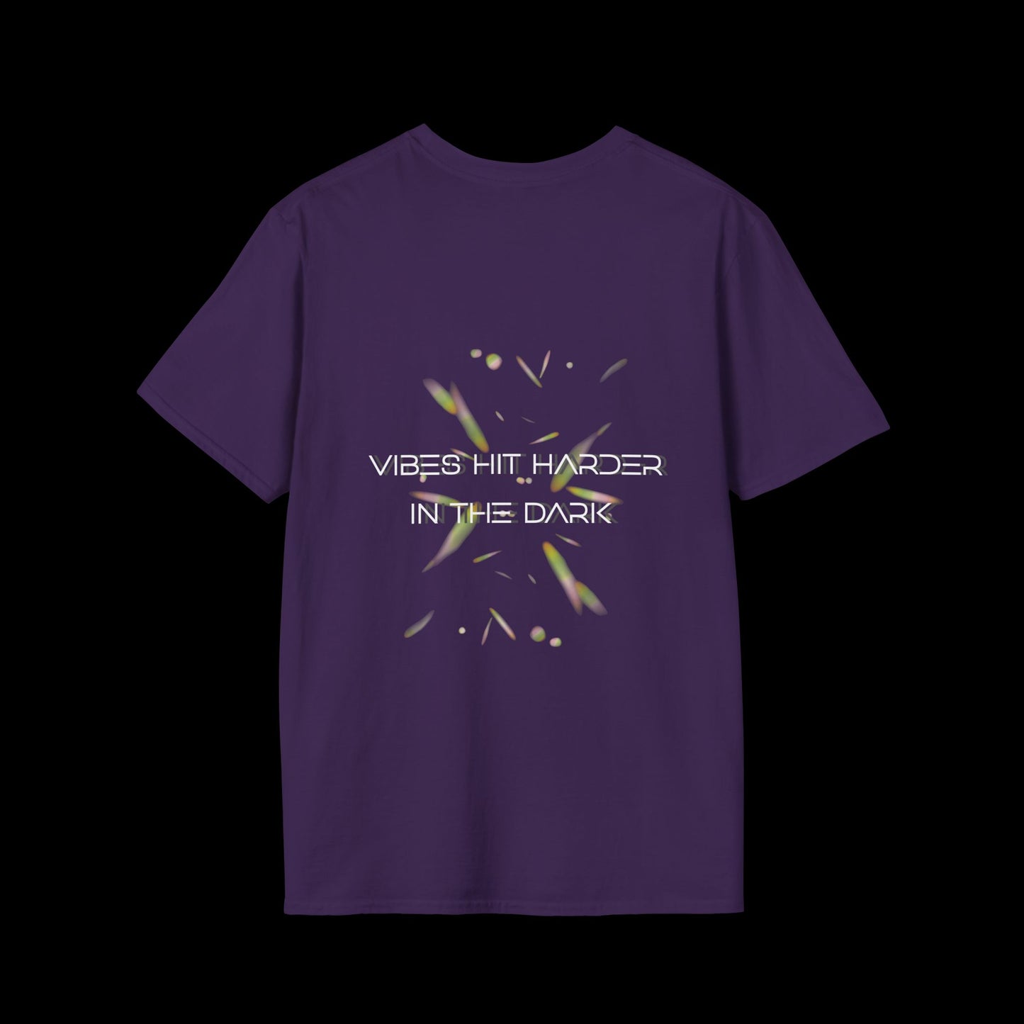 Purple t-shirt with glowing abstract elements and “Vibes Hit Harder in the Dark” text in futuristic font. Designed for rave and club wear.
