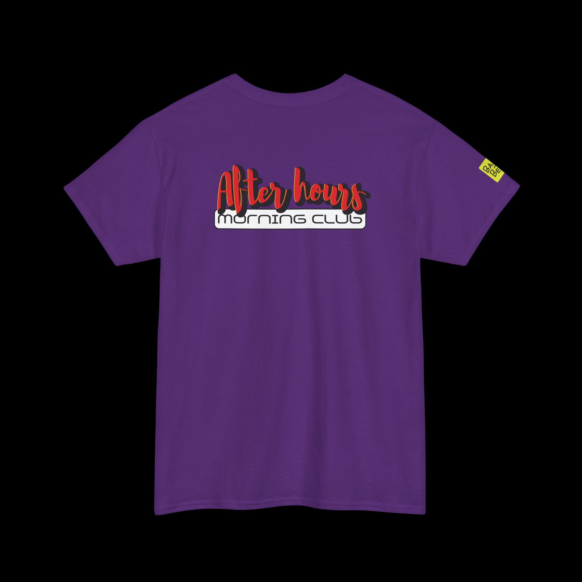 Purple t-shirt with 'After hours morning club' text on a black background