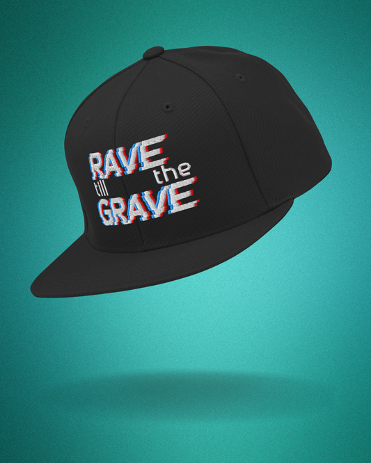 Rave Till the Grave Snapback Hat | Glitchy Embroidered Cap  BackBeat Wear