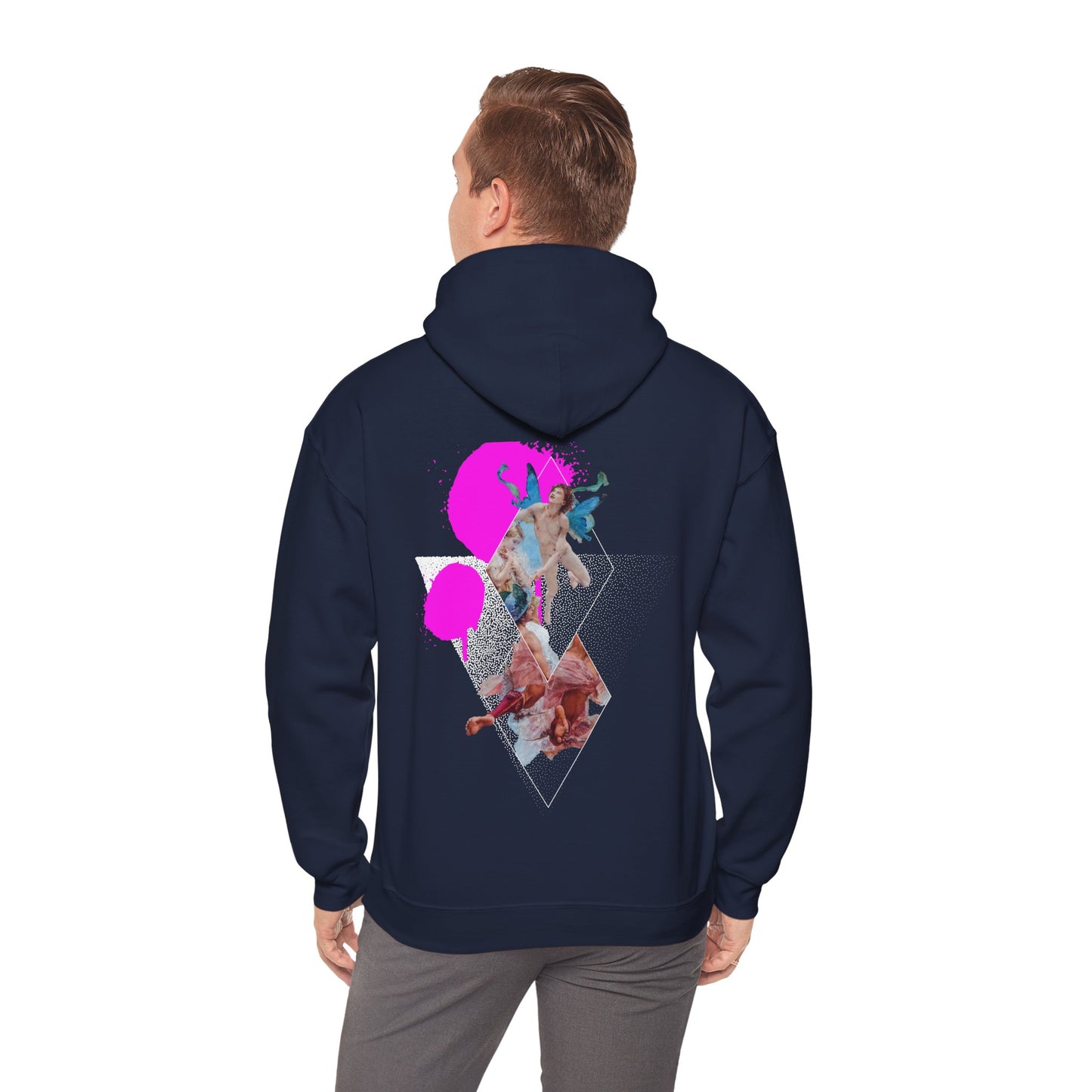 Navy Urban Angel Hoodie featuring a renaissance-inspired art collage, geometric shapes, and neon pink accents on a black hoodie for bold streetwear style.
