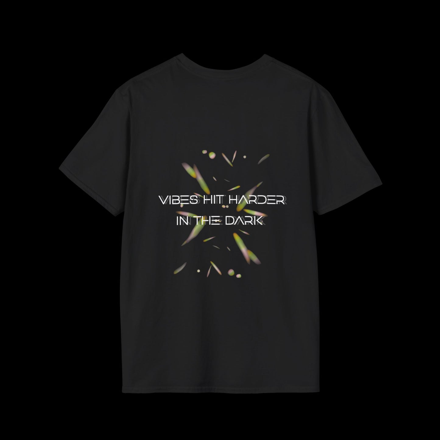 Black t-shirt with glowing abstract elements and “Vibes Hit Harder in the Dark” text in futuristic font. Designed for rave and club wear.