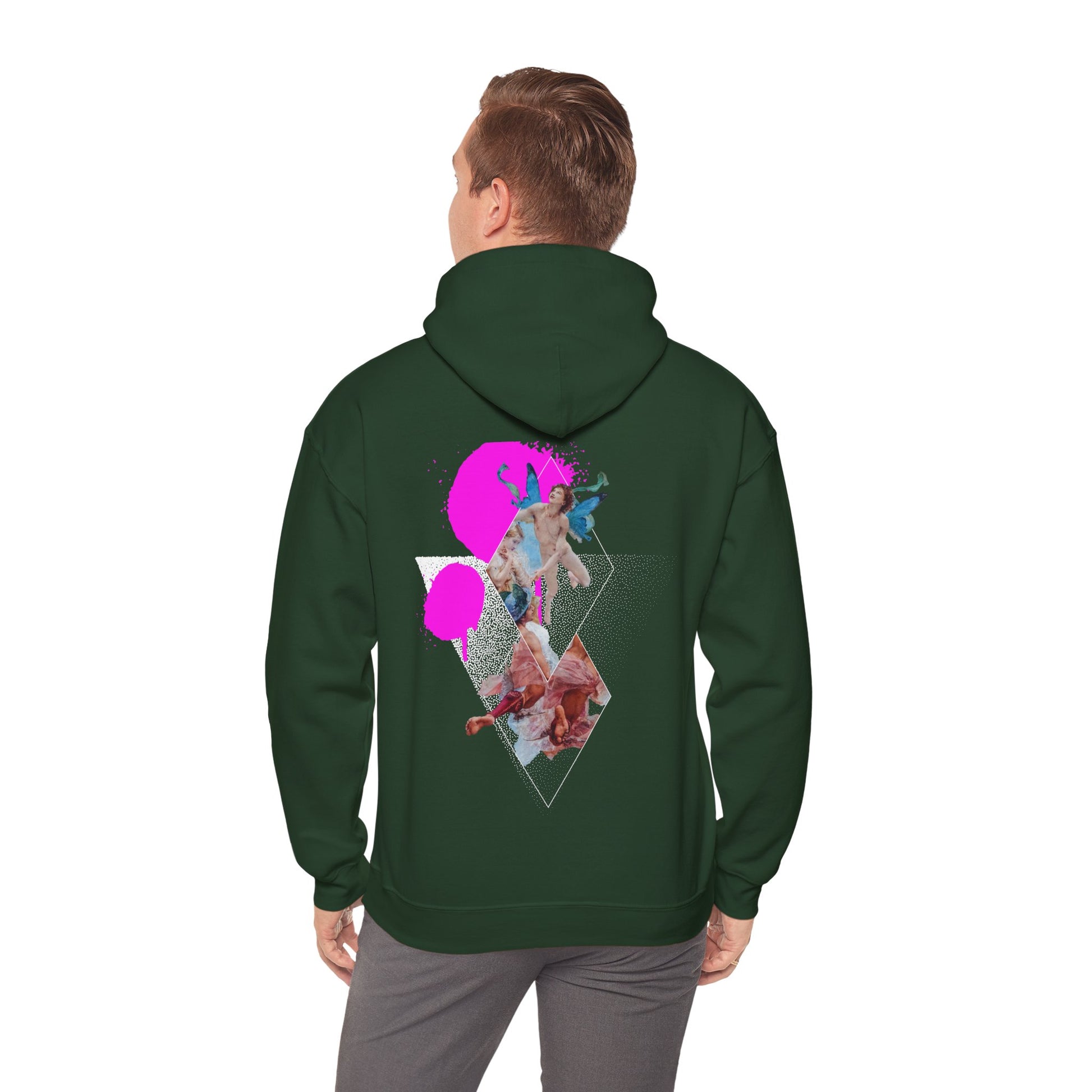Green  Urban Angel Hoodie featuring a renaissance-inspired art collage, geometric shapes, and neon pink accents on a black hoodie for bold streetwear style.