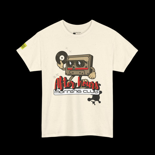 Beige t-shirt with a graphic design of a cassette tape and text on a black background