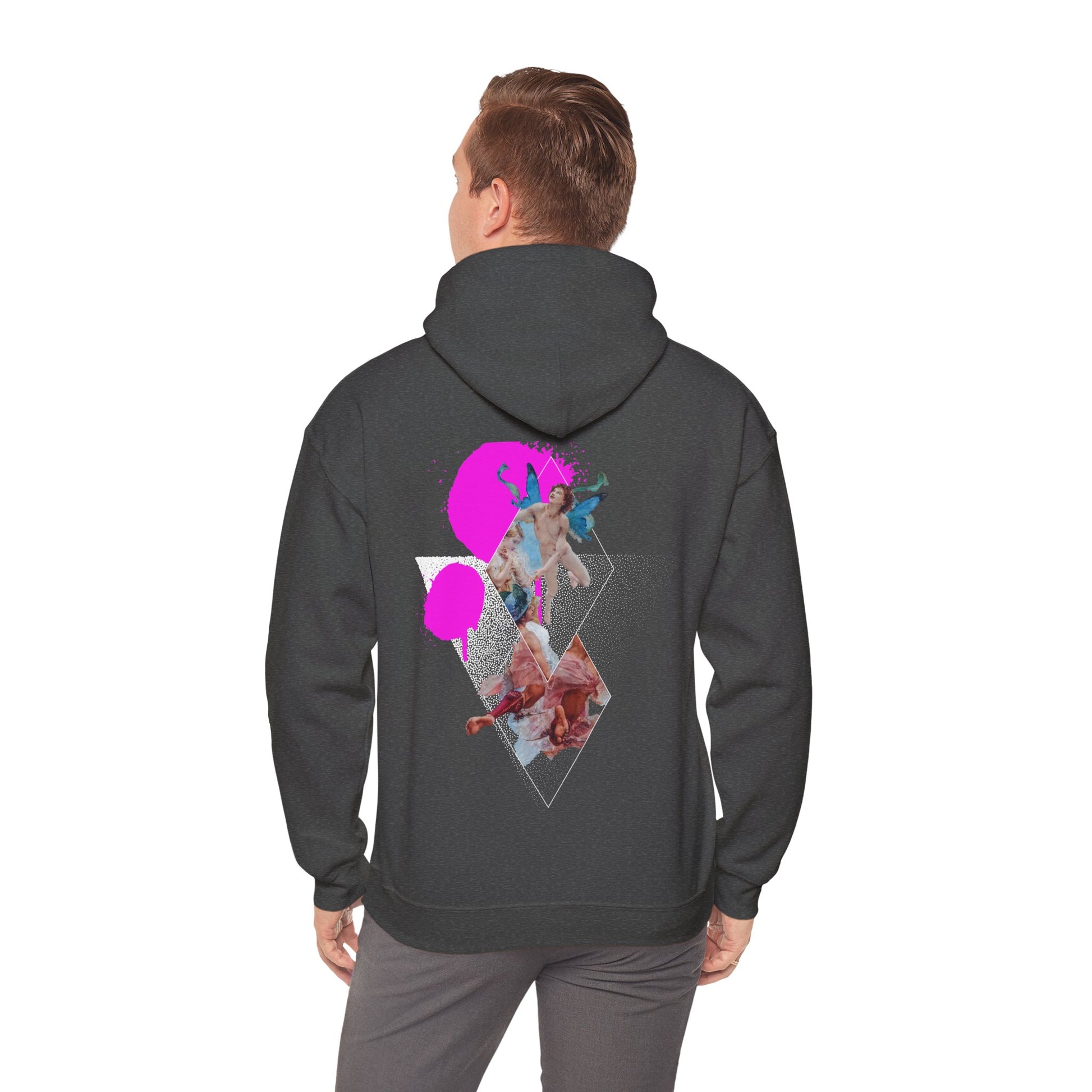 Grey Urban Angel Hoodie featuring a renaissance-inspired art collage, geometric shapes, and neon pink accents on a black hoodie for bold streetwear style.