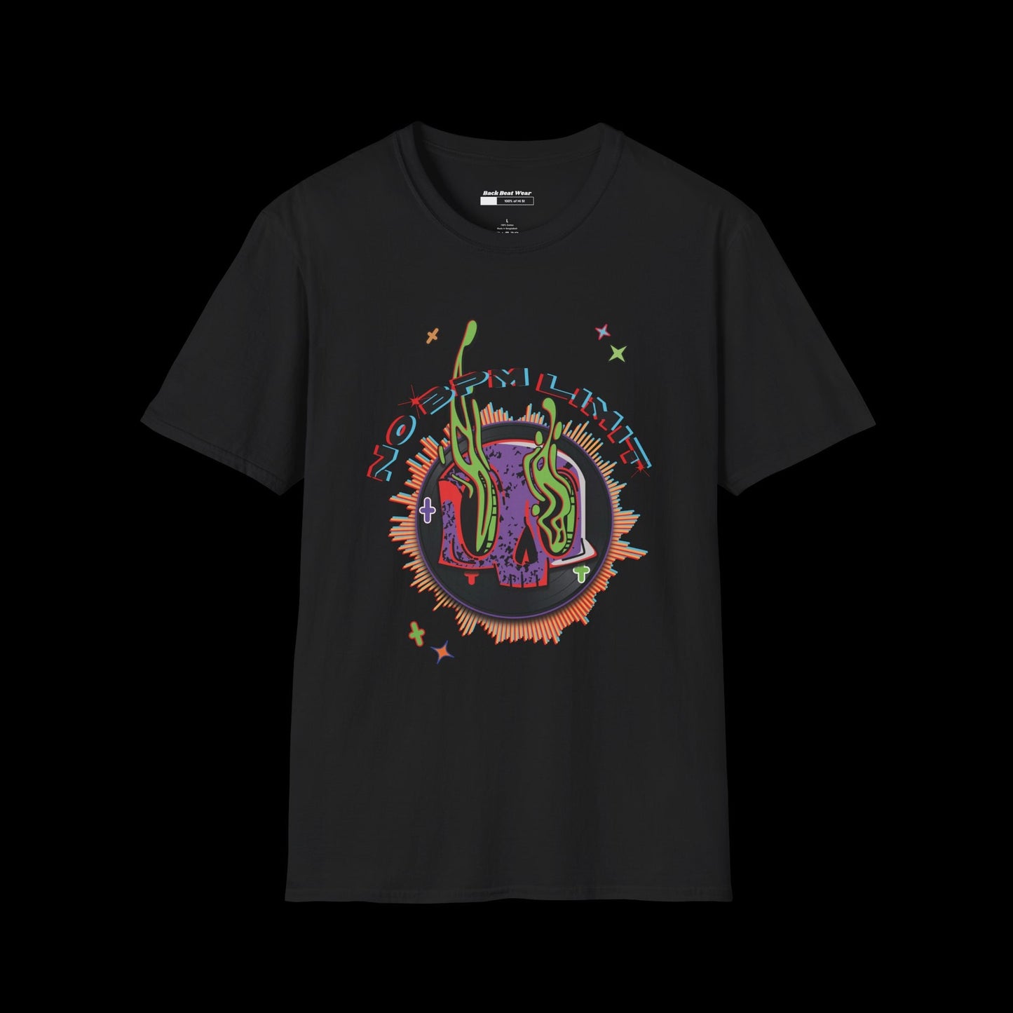 No BPM Limit Vinyl Skull Front Print BackBeat Wear T-Shirt