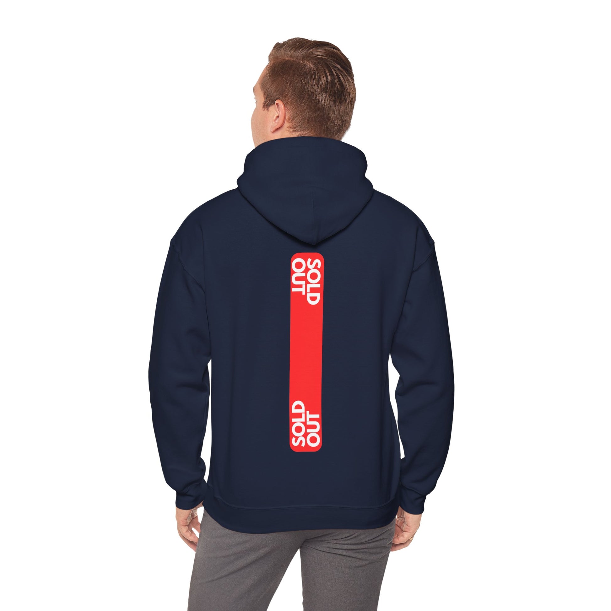 Navy hoodie with bold red 'SOLD OUT' graphic on the back. Minimalist streetwear style for urban fashion enthusiasts