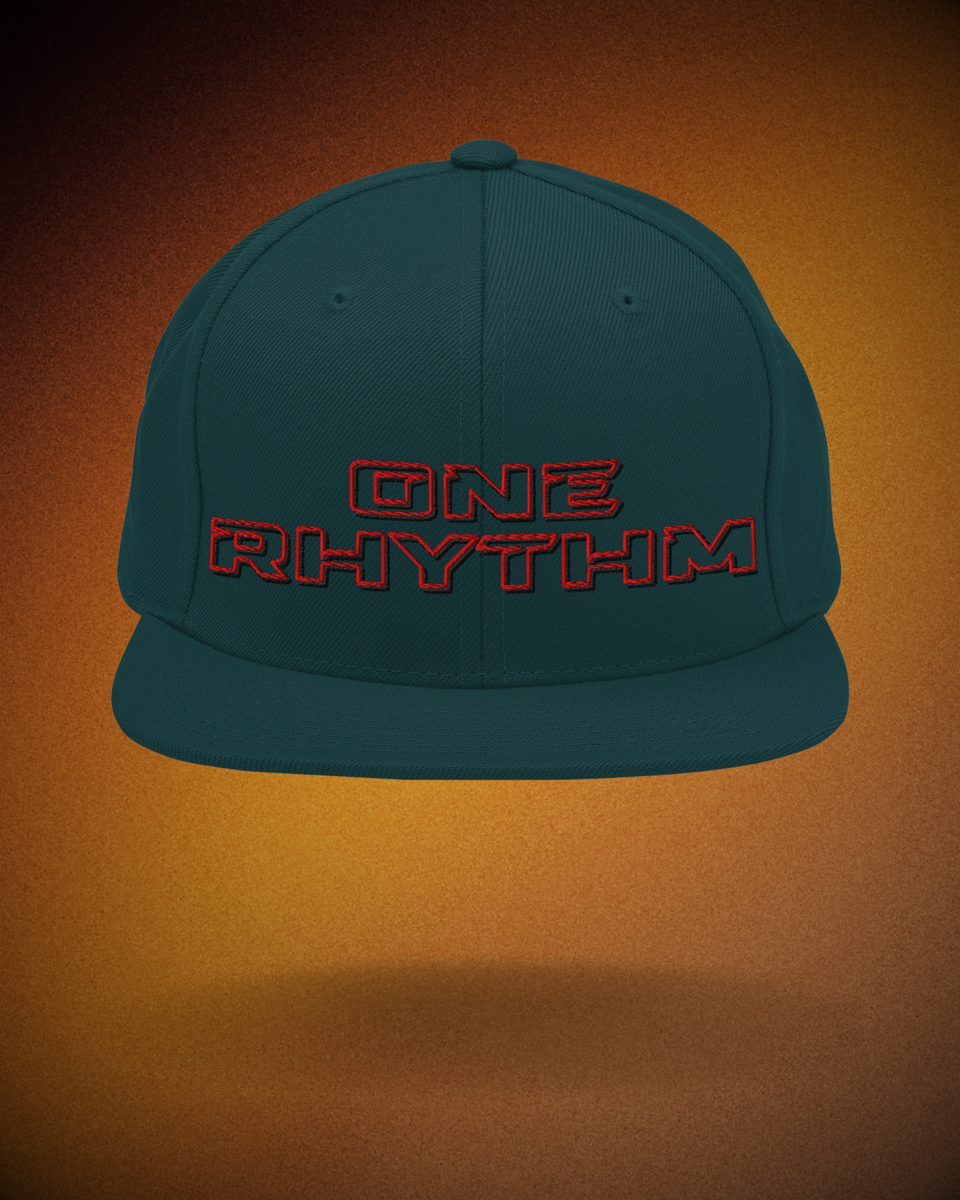 Spruce snapback hat with red embroidered “ONE RHYTHM” lettering. Minimal streetwear cap for DJs and techno music fans.