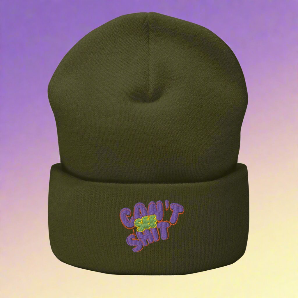 Olive "Can't See Sh*t" beanie with bold purple and green embroidered text, unisex streetwear fashion accessory for urban style