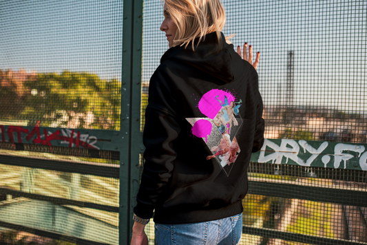 Black Urban Angel Hoodie featuring a renaissance-inspired art collage, geometric shapes, and neon pink accents on a black hoodie for bold streetwear style.