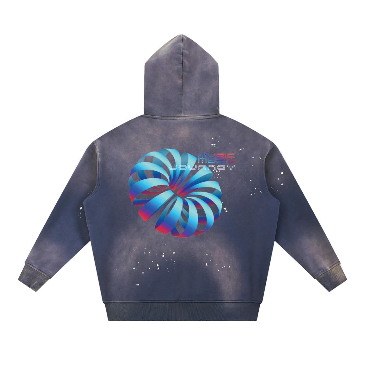 Blue hoodie with a colorful spiral design on the back against a white background