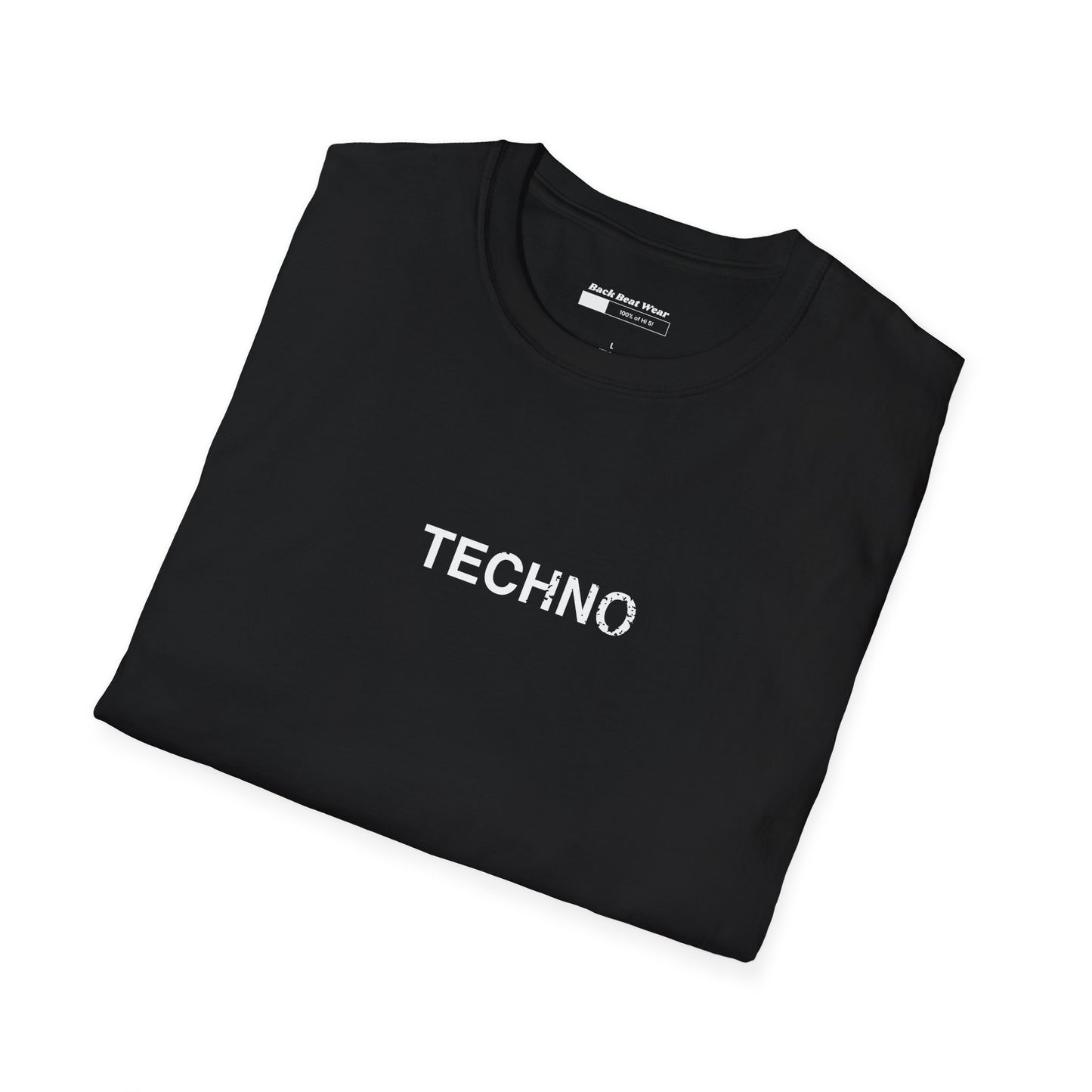 A black t-shirt featuring bold white typography that reads "TECHNO is life," designed for electronic music fans and rave streetwear enthusiasts.