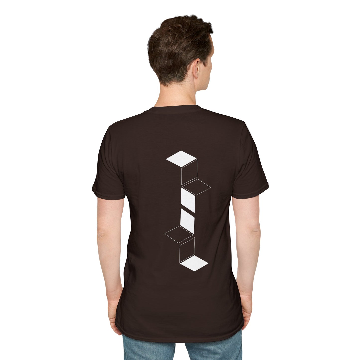 Brown T-shirt with white geometric cube pattern creating a 3D optical illusion