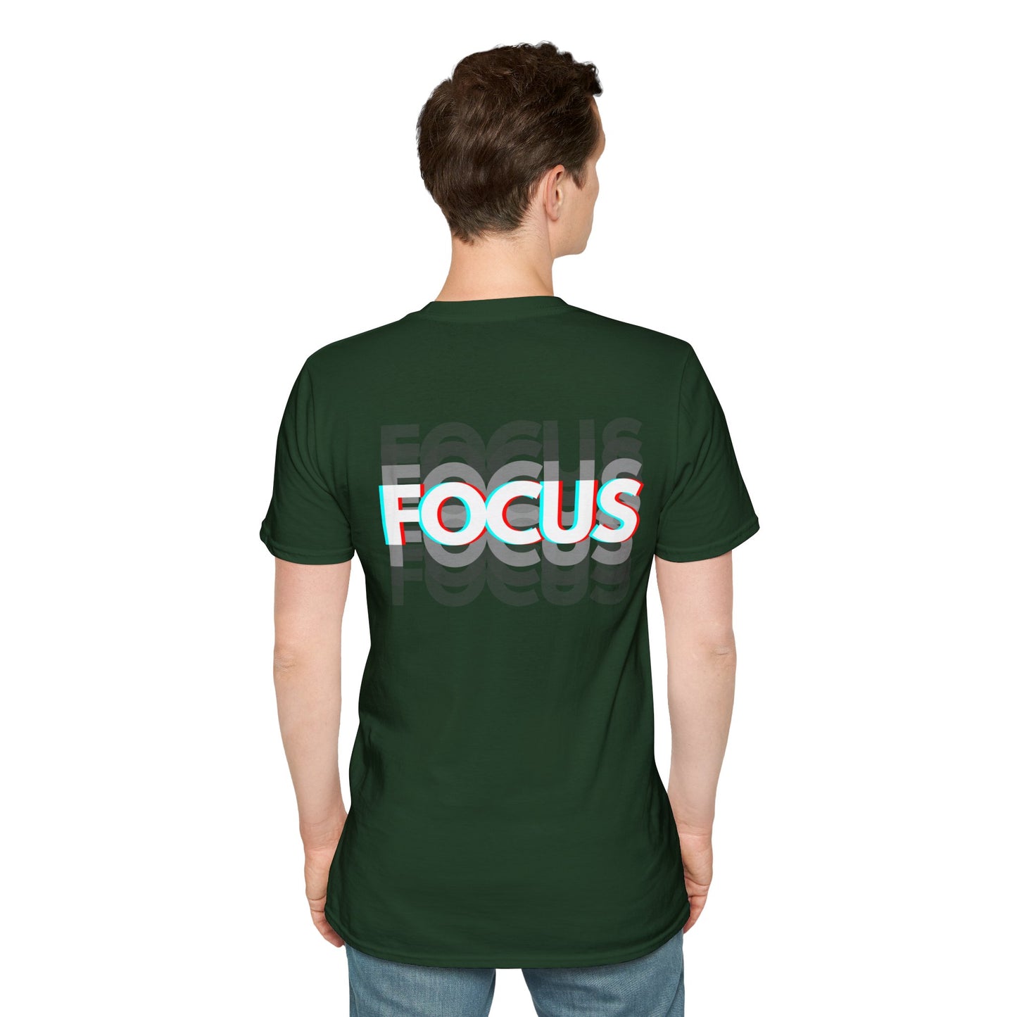 Green T-shirt with bold ‘FOCUS’ design in large white letters and 3D effect in red and blue