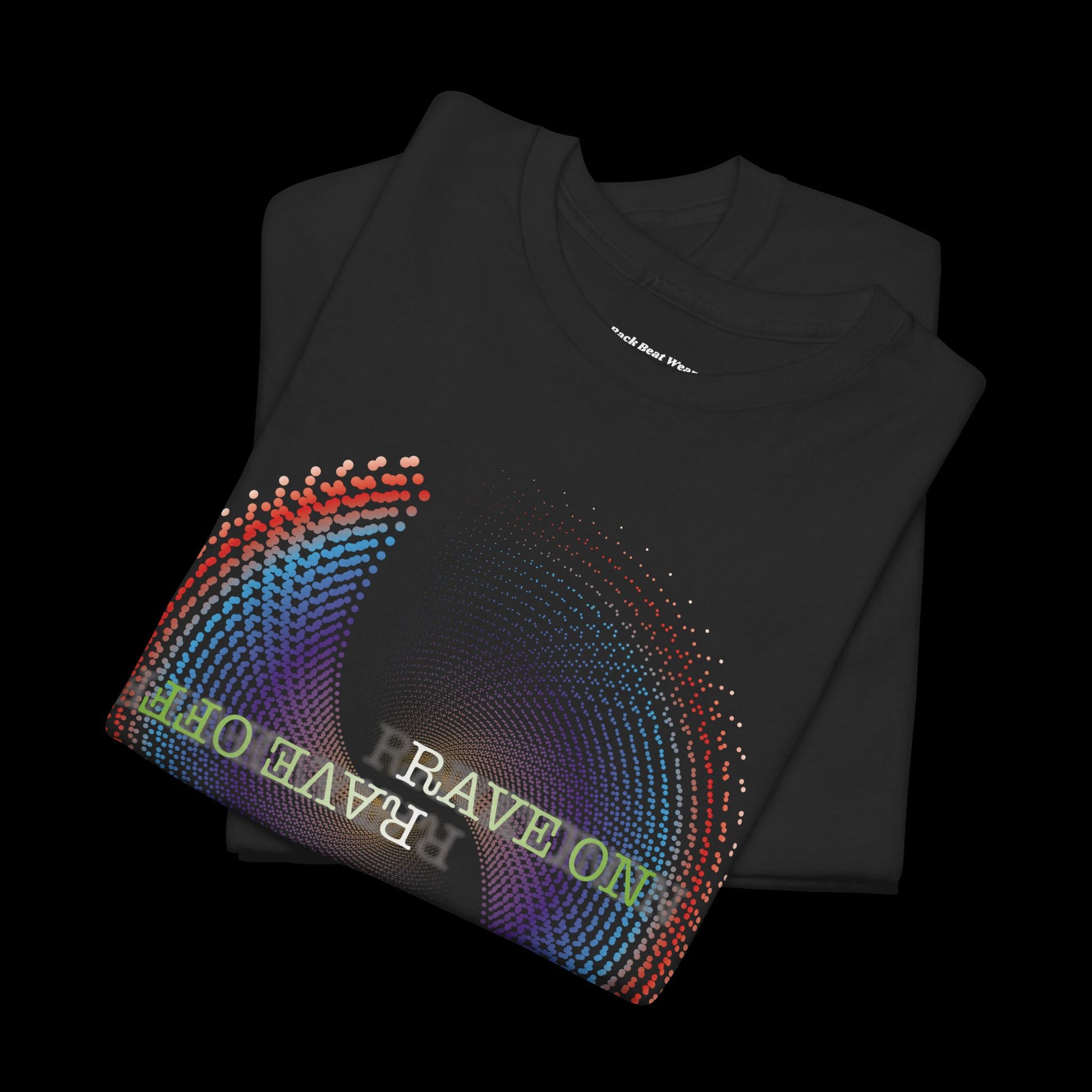 Black t-shirt with colorful design and text on a black background