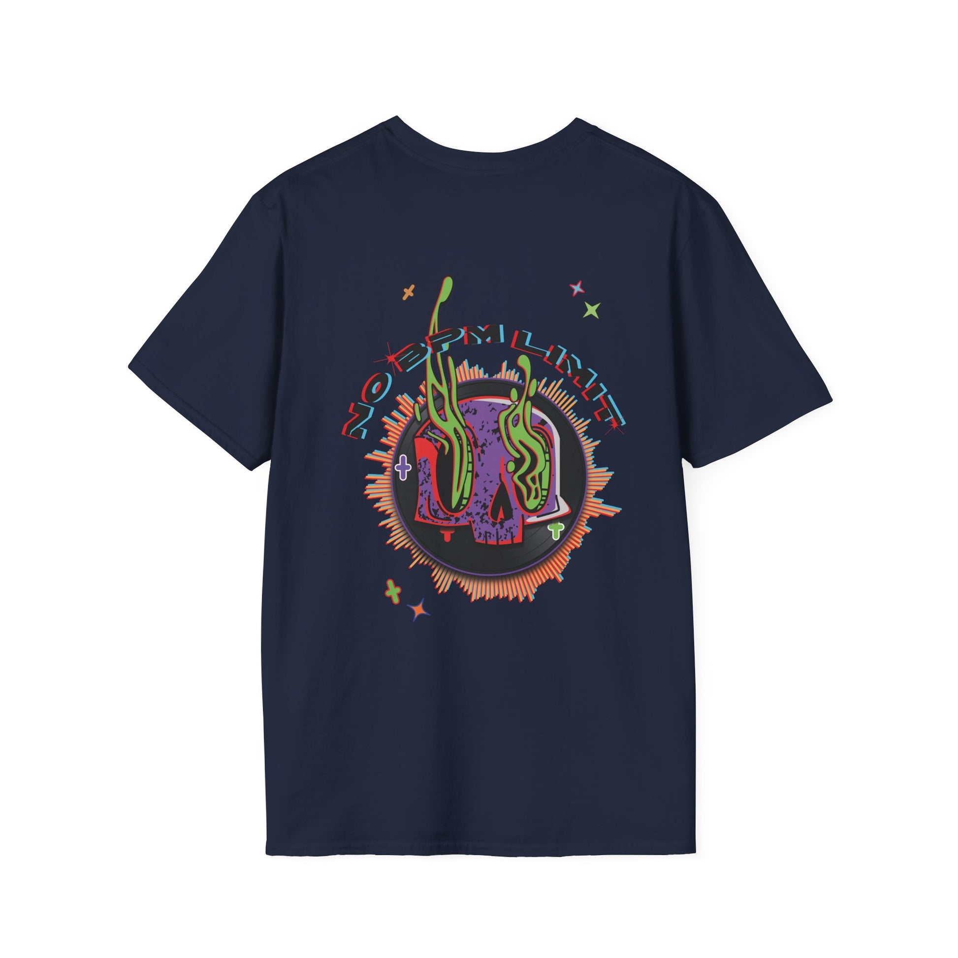 A vibrant navy t-shirt design featuring a melting vinyl skull surrounded by colorful waveforms and trippy accents, with the text "No BPM Limit