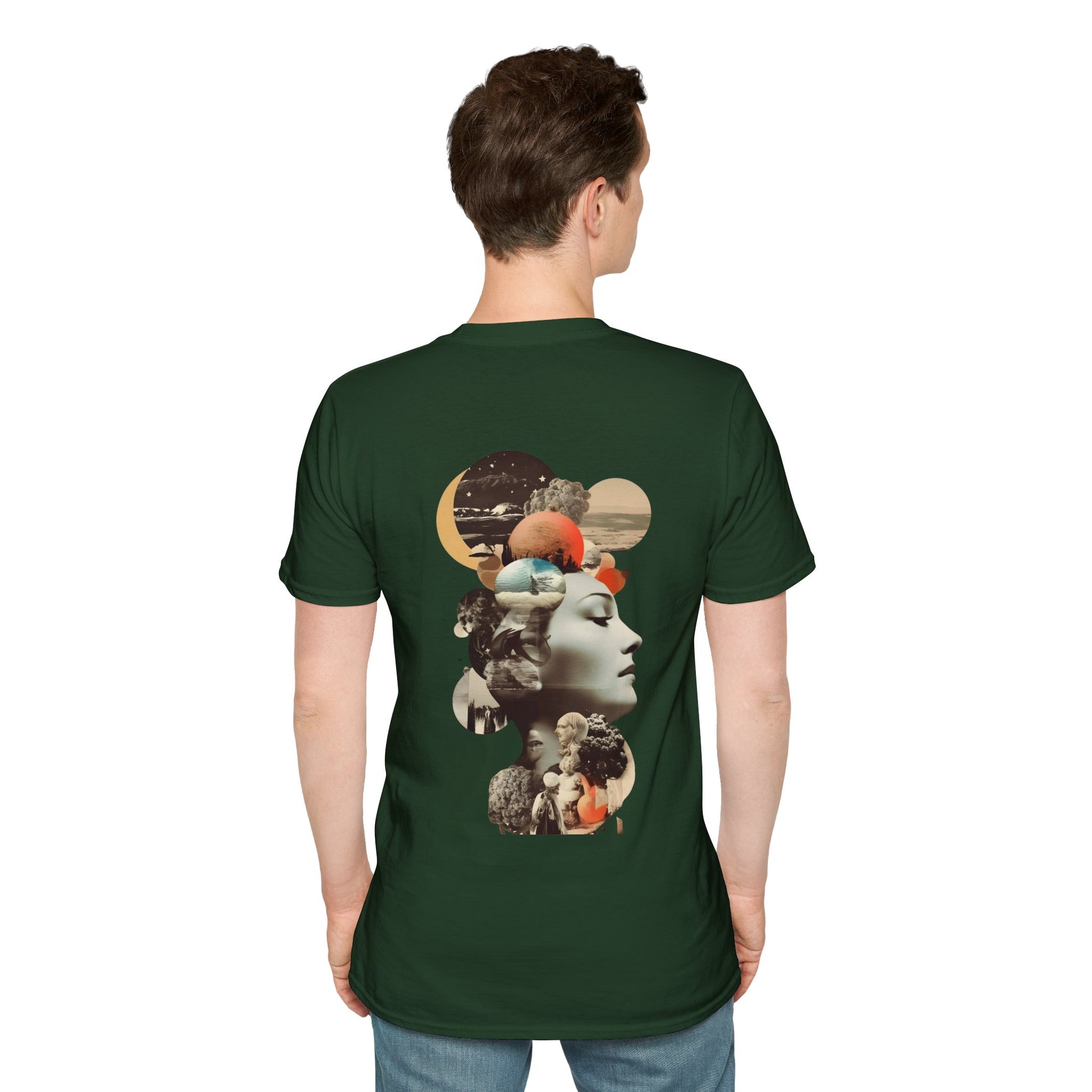Green T-shirt with a collage of a mysterious figure surrounded by butterflies and roses