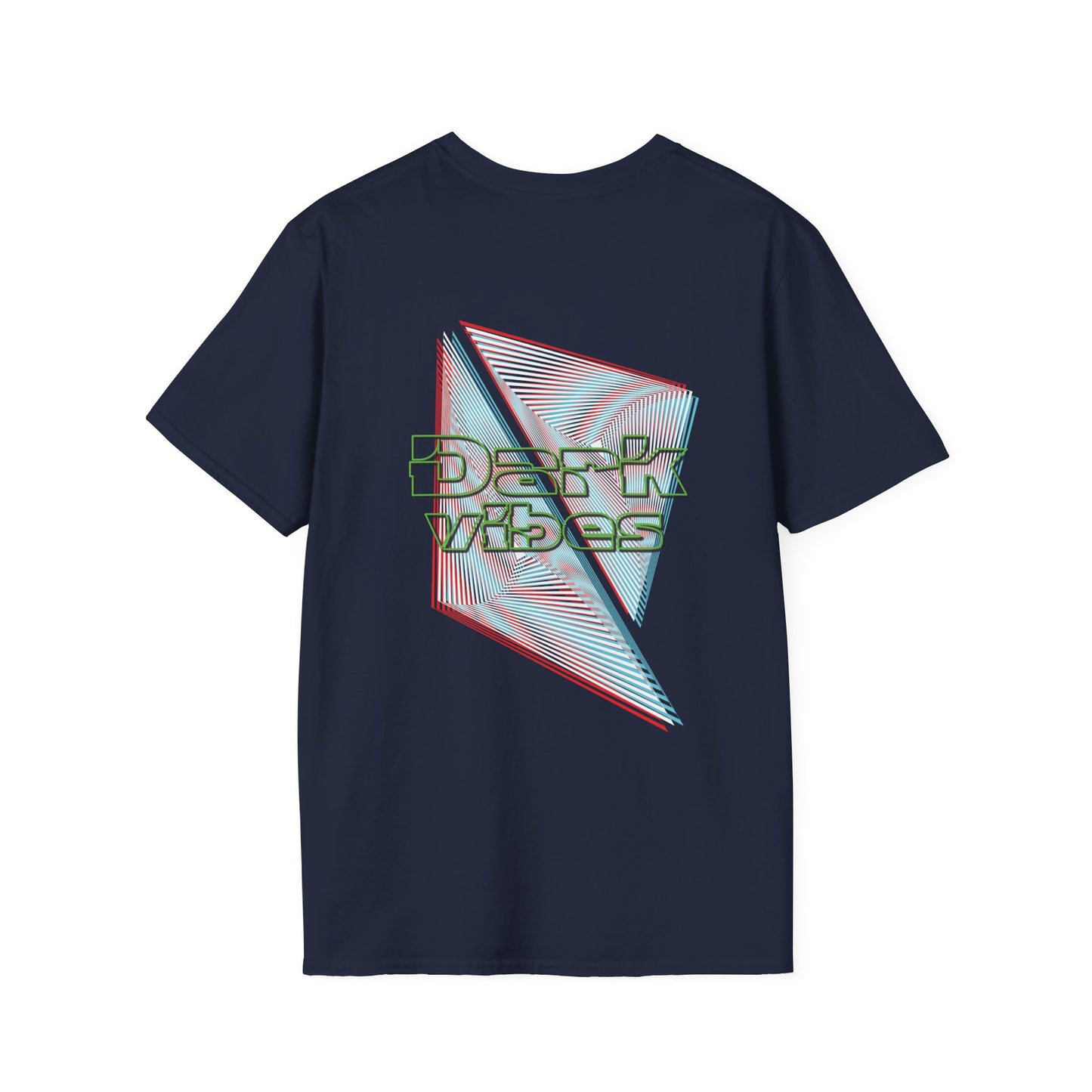 A navy t-shirt featuring bold geometric lines in red and cyan with glitch-style "Dark Vibes" typography, perfect for rave culture and electronic music fans.