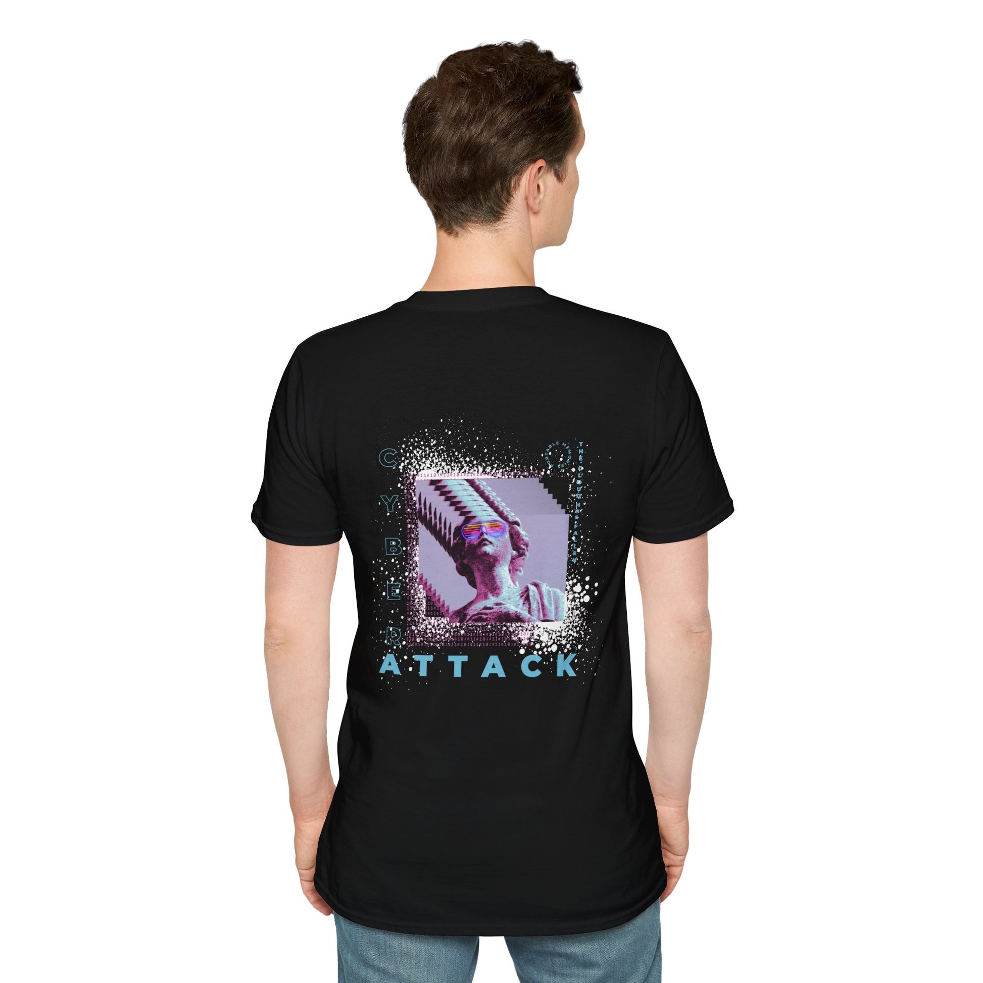 Black T-shirt with a pixelated Statue of Liberty and modern glitch art design
