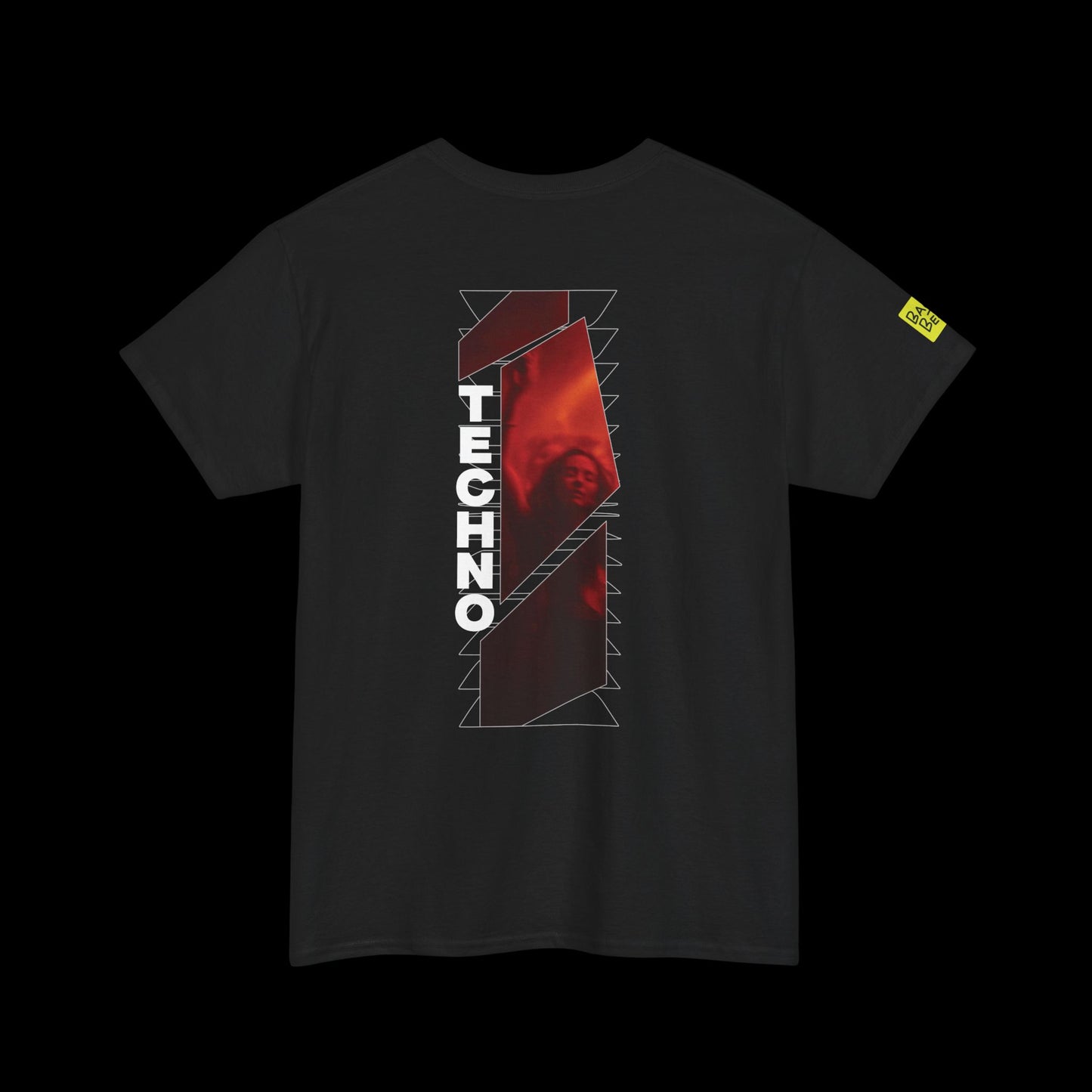 Black t-shirt with red and white graphic design on a black background