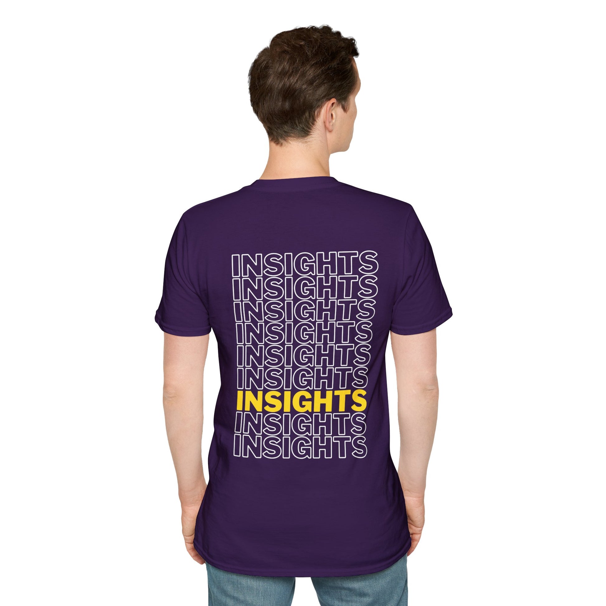 Violet  T-shirt with the word ‘INSIGHTS’ repeated in white text and one instance highlighted in yellow