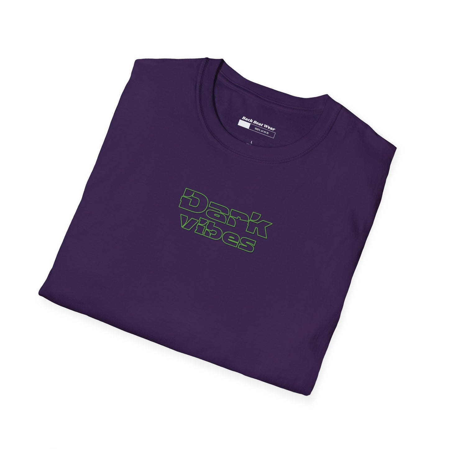 A purple t-shirt featuring bold geometric lines in red and cyan with glitch-style "Dark Vibes" typography, perfect for rave culture and electronic music fans.