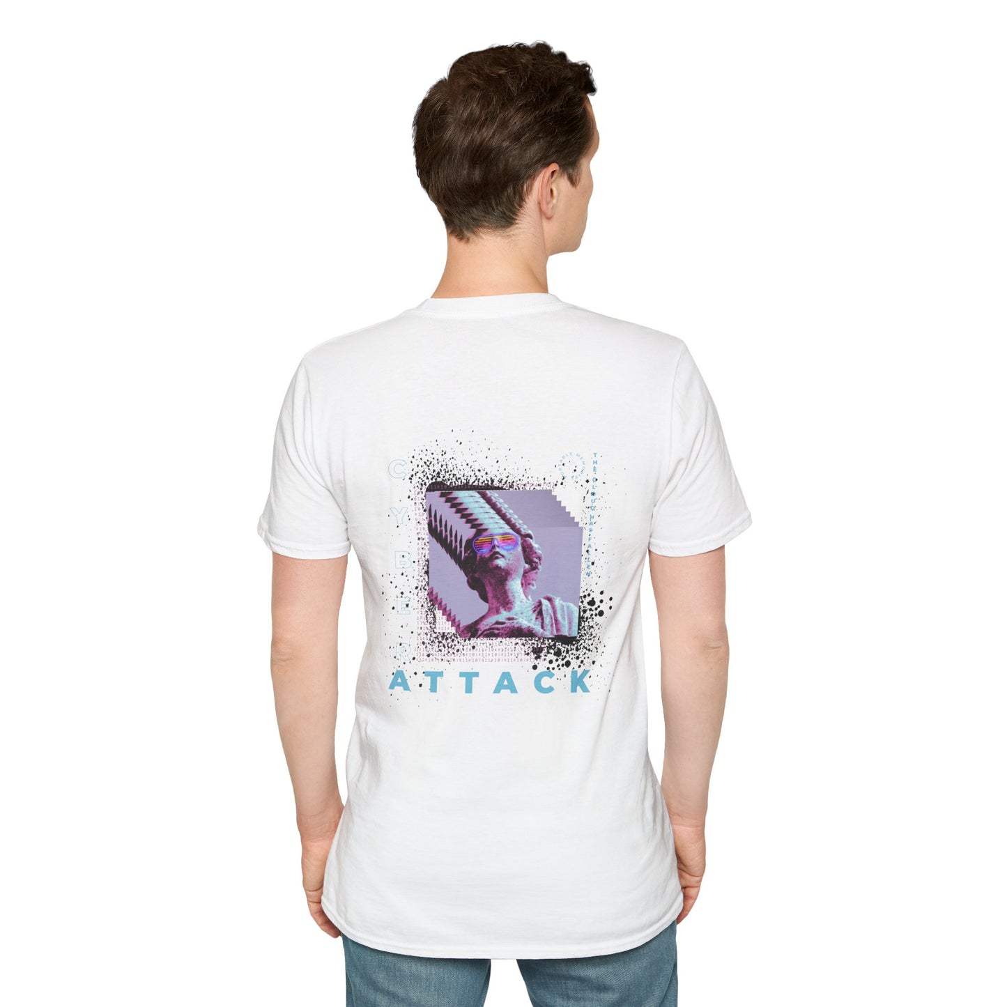 White T-shirt with a pixelated Statue of Liberty and modern glitch art design