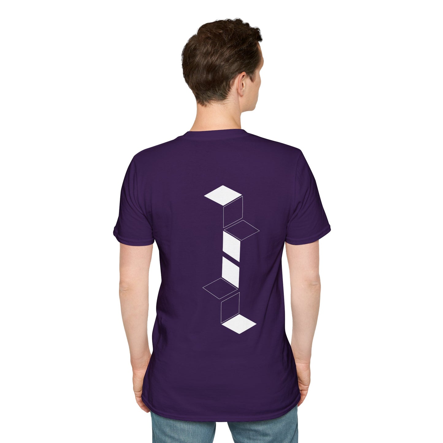 Violet T-shirt with white geometric cube pattern creating a 3D optical illusion