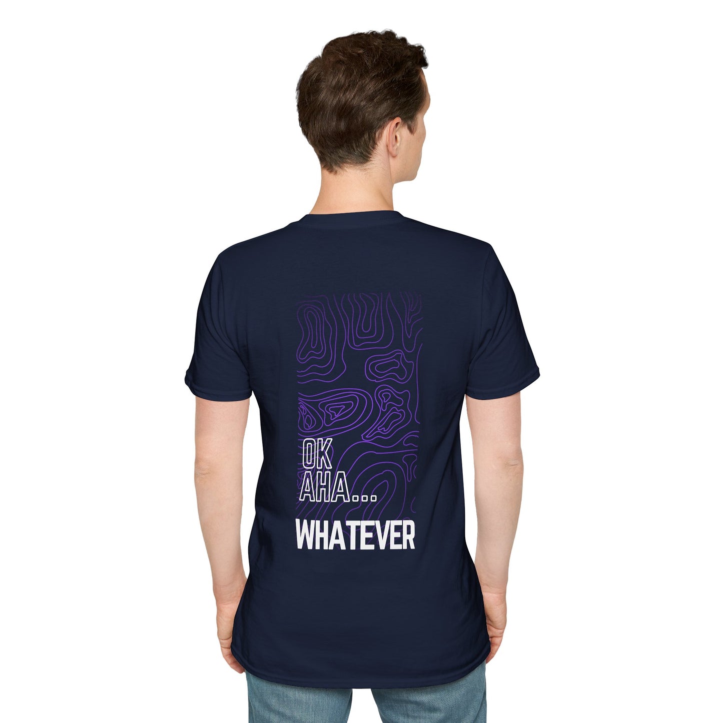 OK AHA...WHATEVER navy T-Shirt featuring abstract purple contour lines and bold white typography, perfect for streetwear and laid-back vibes.