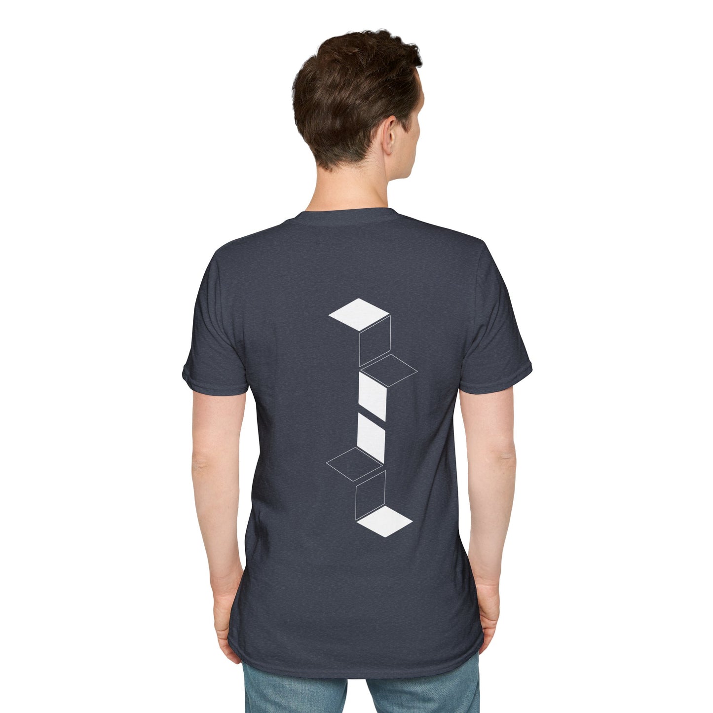 Dark Grey  T-shirt with white geometric cube pattern creating a 3D optical illusion