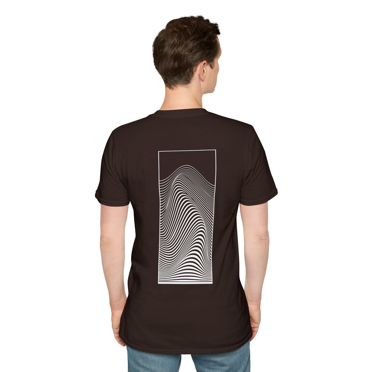 Brown T-shirt with a black and white optical illusion design of swirling patterns