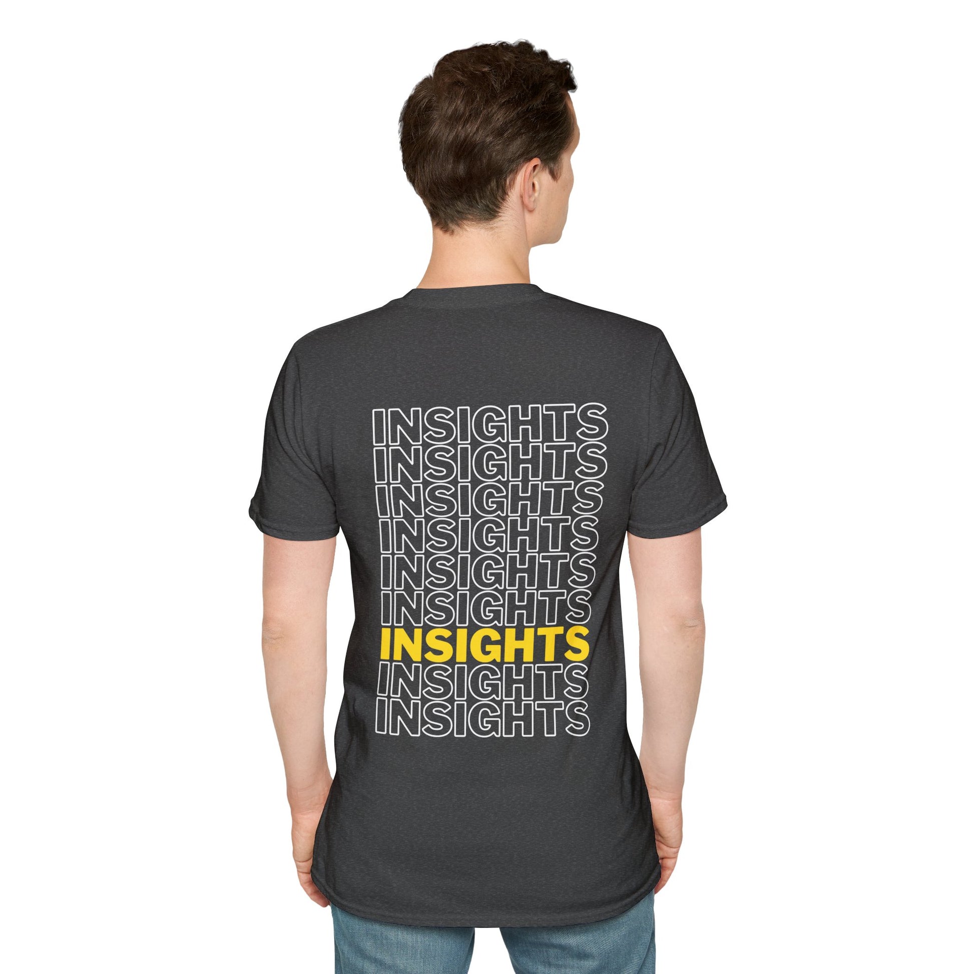 Dark Grey T-shirt with the word ‘INSIGHTS’ repeated in white text and one instance highlighted in yellow