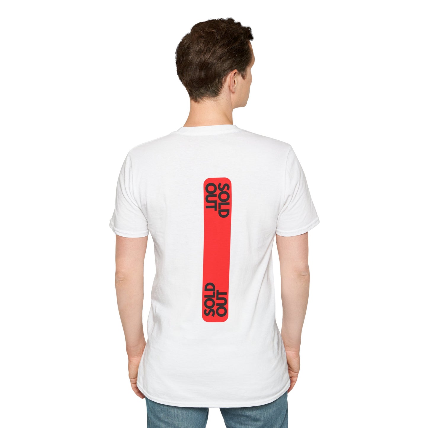 White T-shirt with a striking red tag design and the text ‘SOLD OUT’ in bold letters