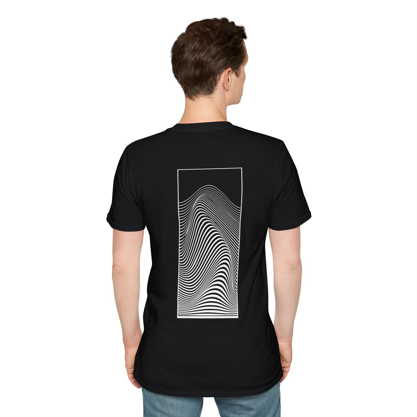 Black T-shirt with a black and white optical illusion design of swirling patterns