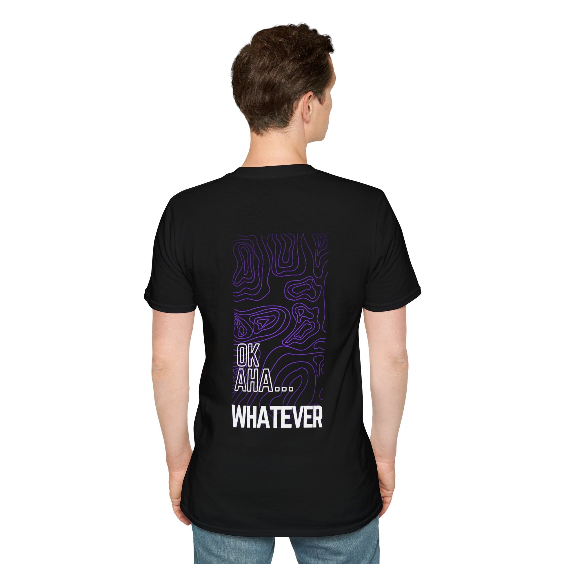 Black T-shirt with a purple abstract pattern and the text ‘OK AHA... WHATEVER’ in large white letters