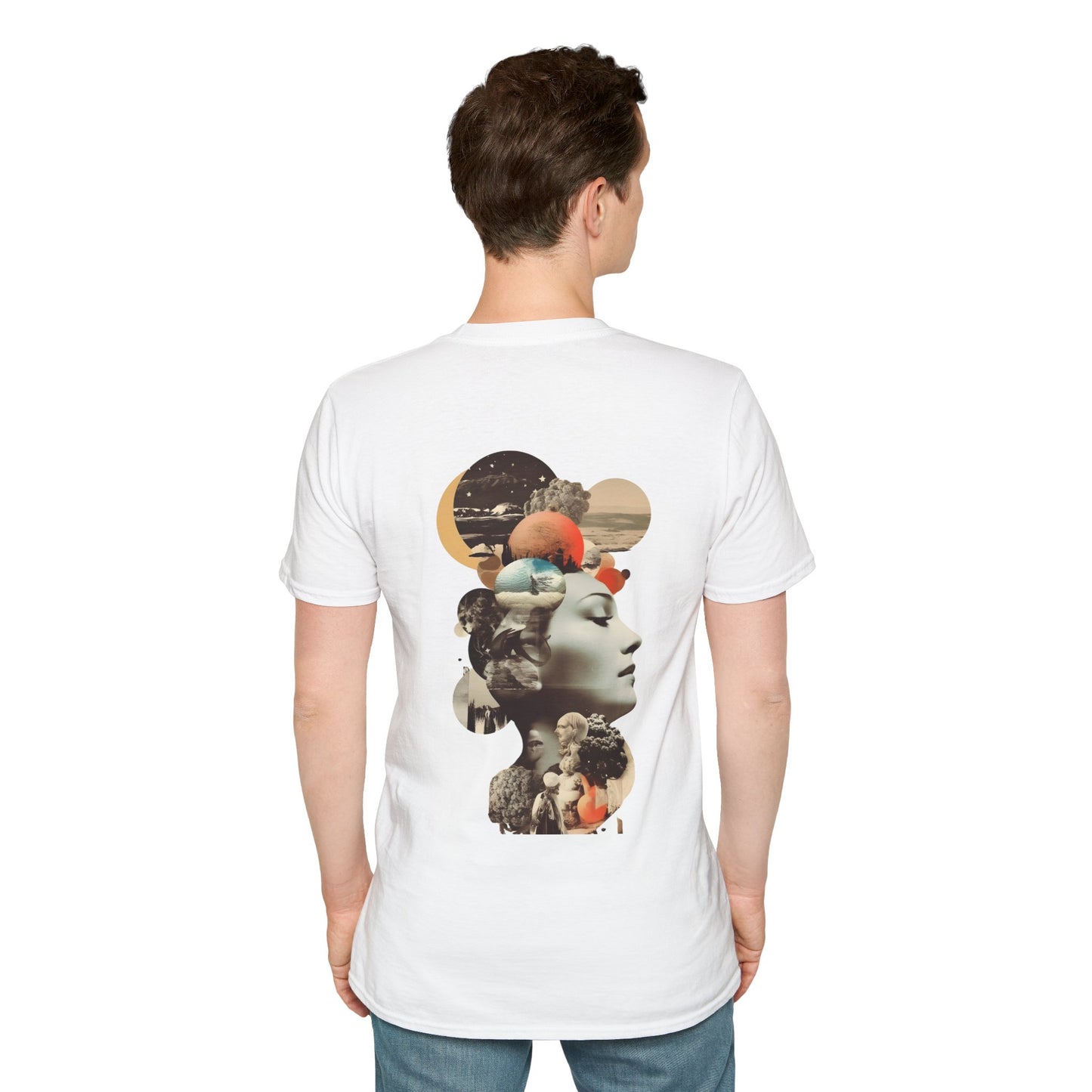 White T-shirt with a collage of a mysterious figure surrounded by butterflies and roses