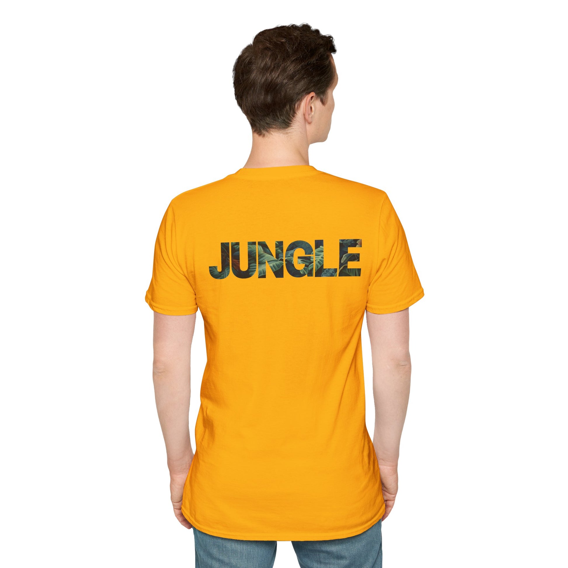 Yellow T-shirt with a bold, funky 'Jungle' sign design in vibrant colors
