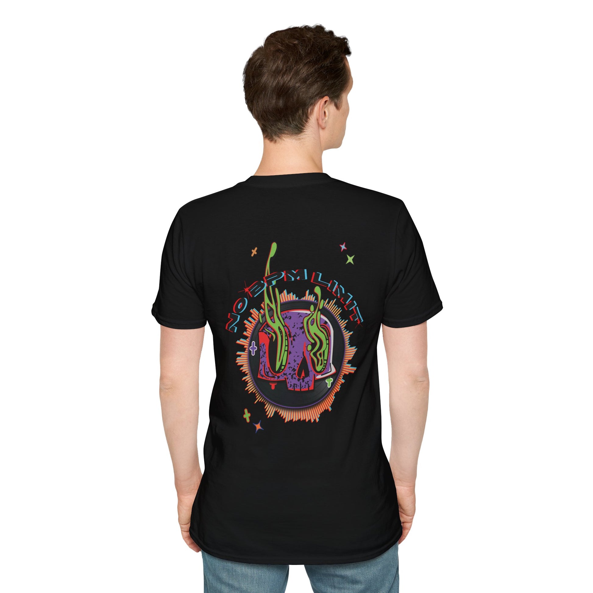 A vibrant black t-shirt design featuring a melting vinyl skull surrounded by colorful waveforms and trippy accents, with the text "No BPM Limit