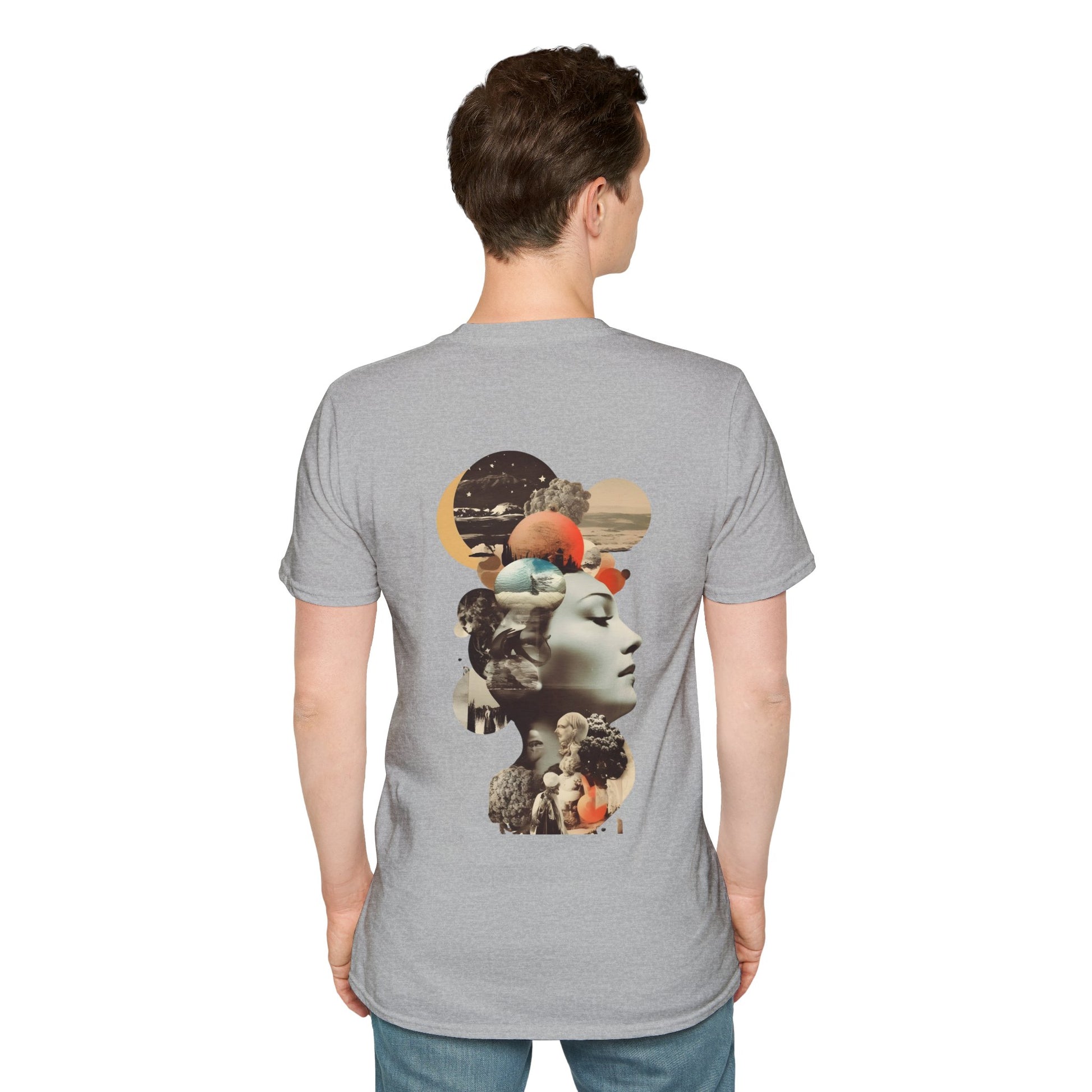 LIght Grey T-shirt with a collage of a mysterious figure surrounded by butterflies and roses
