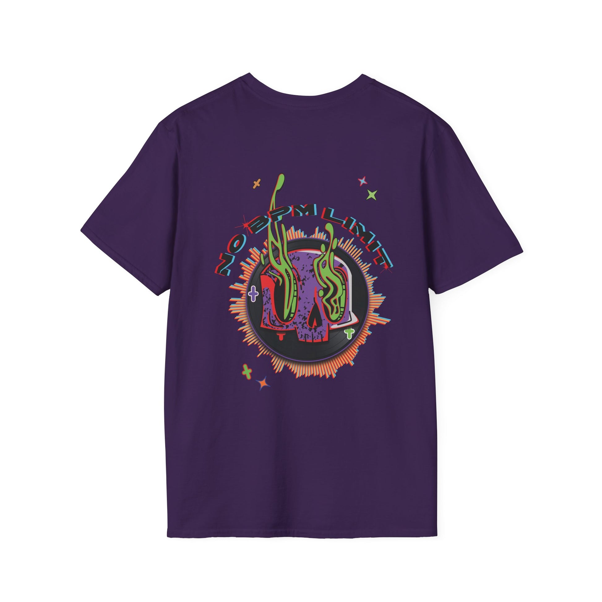 A vibrant purple t-shirt design featuring a melting vinyl skull surrounded by colorful waveforms and trippy accents, with the text "No BPM Limit